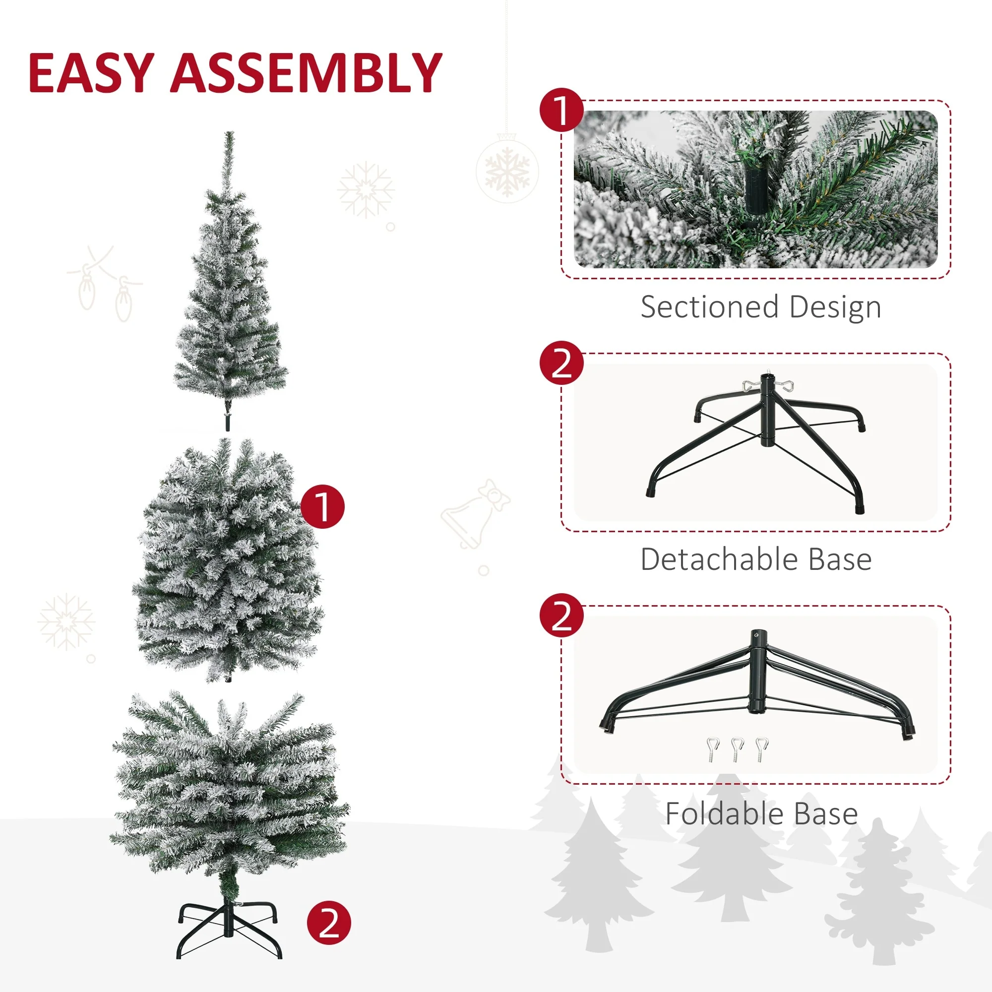 6' Tall Snow-Flocked Slim Artificial Christmas Tree with Realistic Branch Tips and Sturdy Metal Base