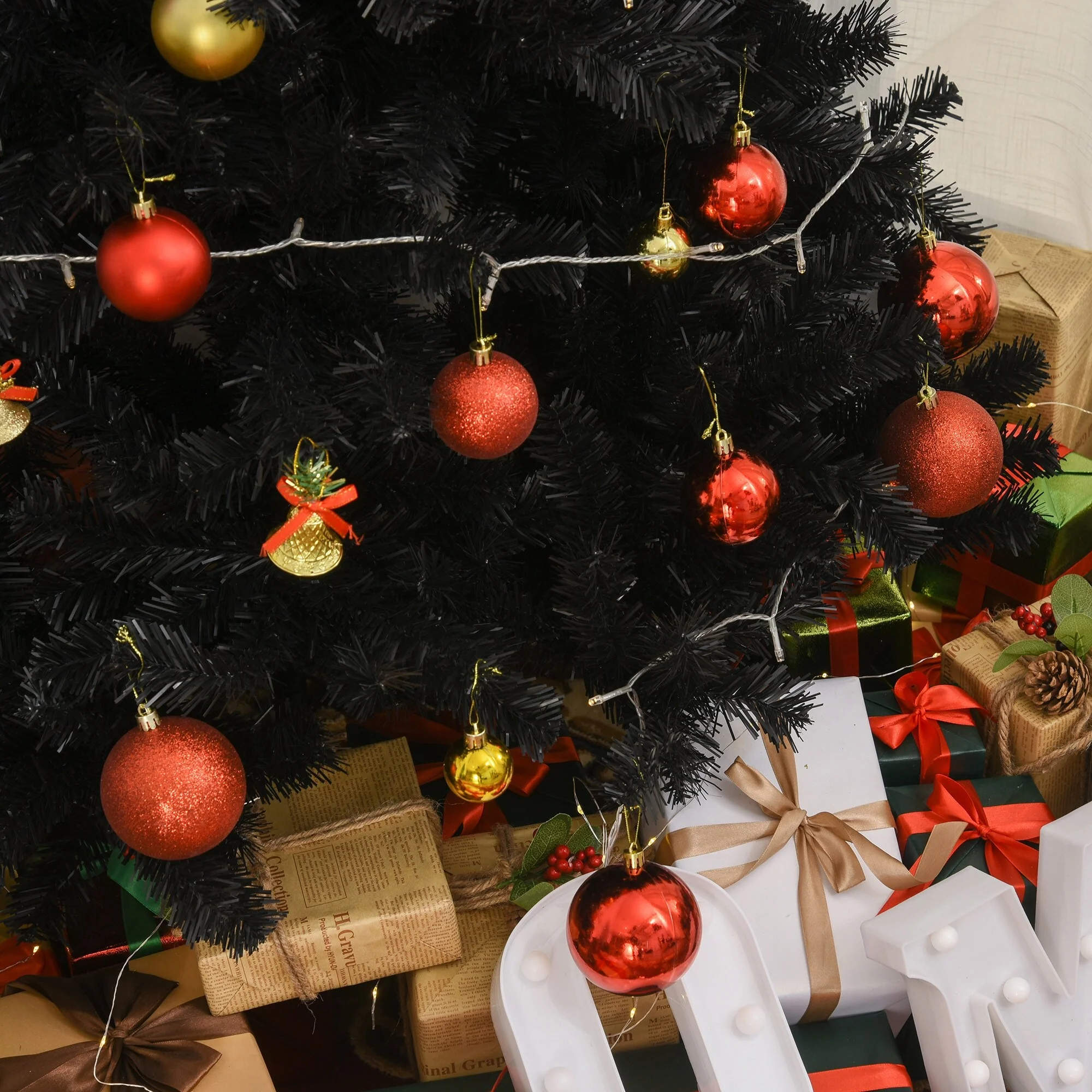 7ft Unlit Black Artificial Douglas Fir Christmas Tree with Realistic Branches & Metal Base for Halloween