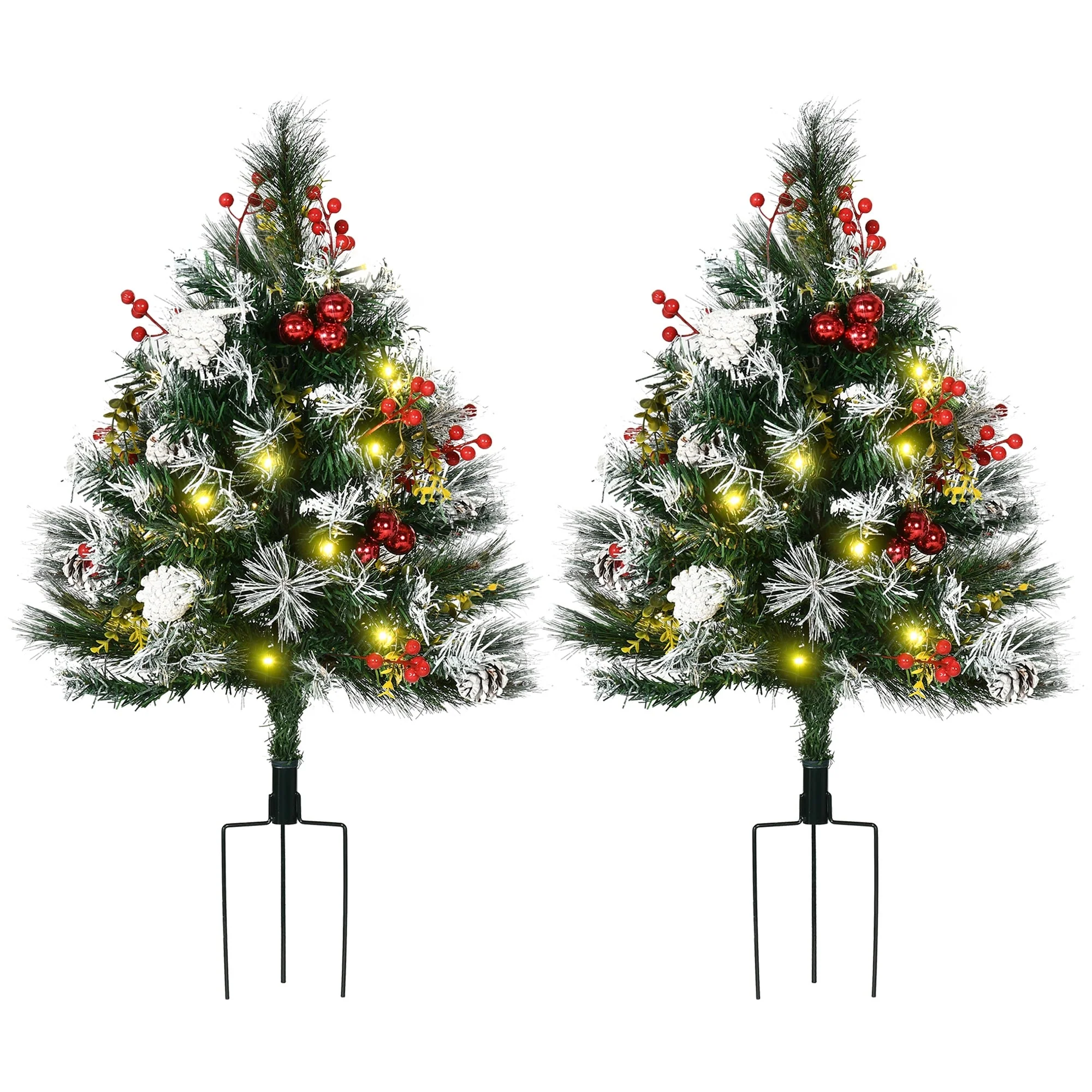 Outdoor 2.5 Ft Artificial Christmas Trees, Pre-Lit 2-Pack with 24 LED Lights, Red Berries, Pinecones & Snow-Dipped Branches