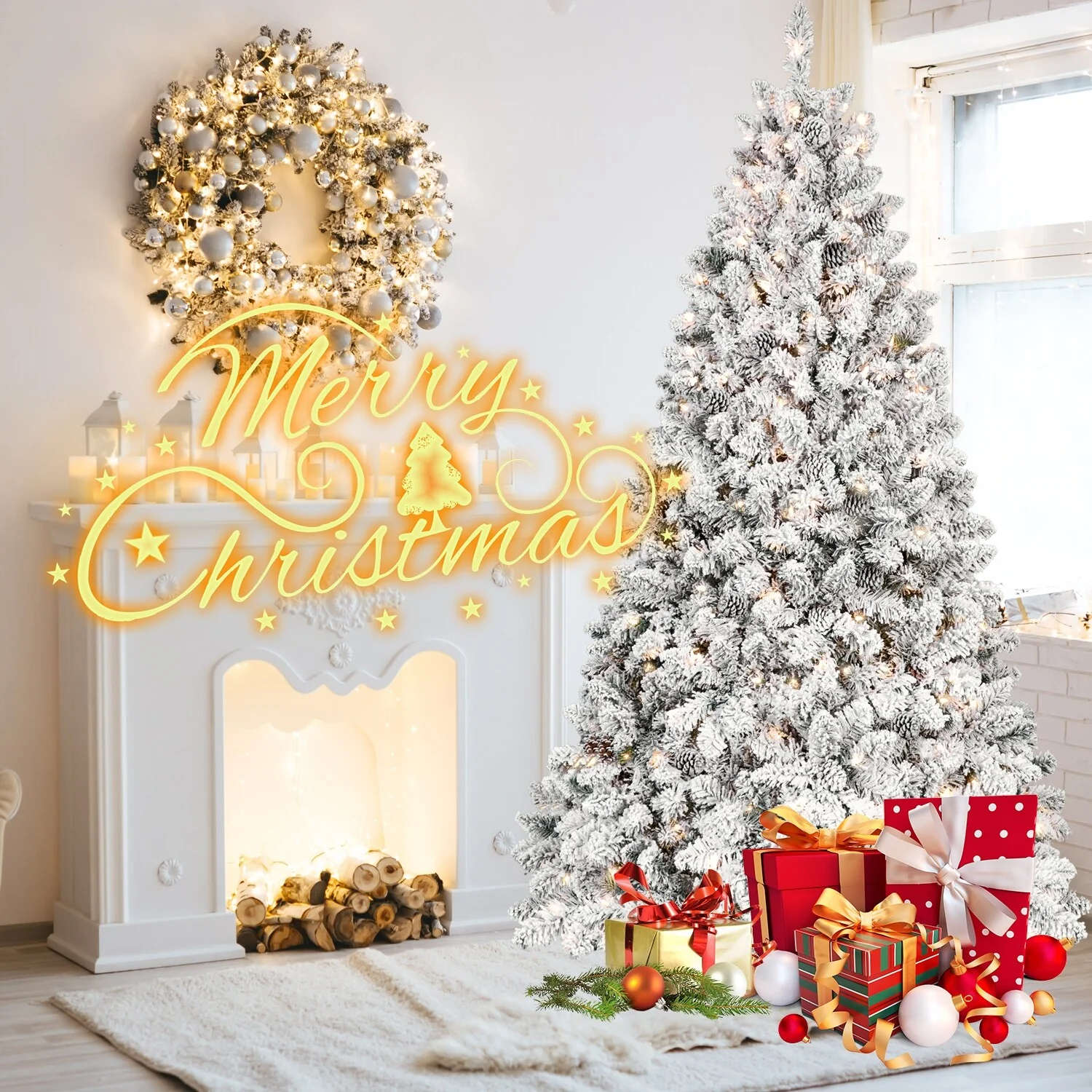 Snow-Flocked Christmas Tree with Pine Cones, Hinged Branches, Prelit, Metal Stand - 6ft to 9ft Sizes