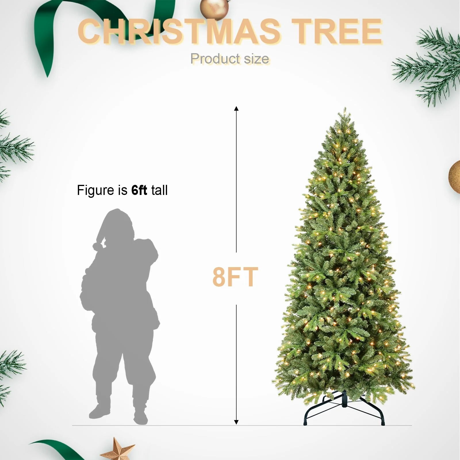 8FT/9FT Slim Pre-Lit Fir Artificial Christmas Tree, 'Feel Real' Needles, White Lights, Metal Hinged Branches & Base