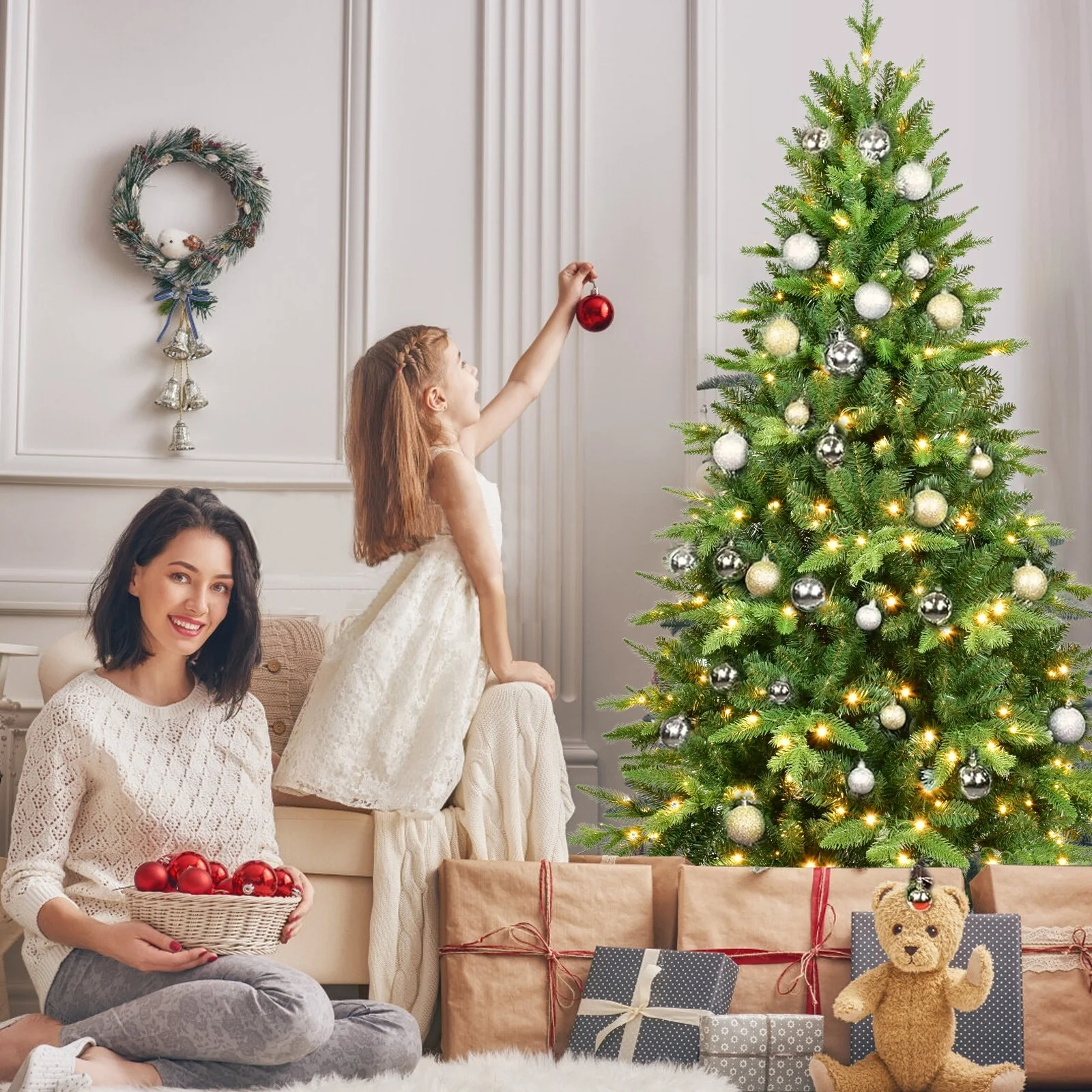 6FT Artificial Christmas Tree with 350 LED Lights, Realistic PE&PVC Tips, Fluffy Branches, Stable Stand
