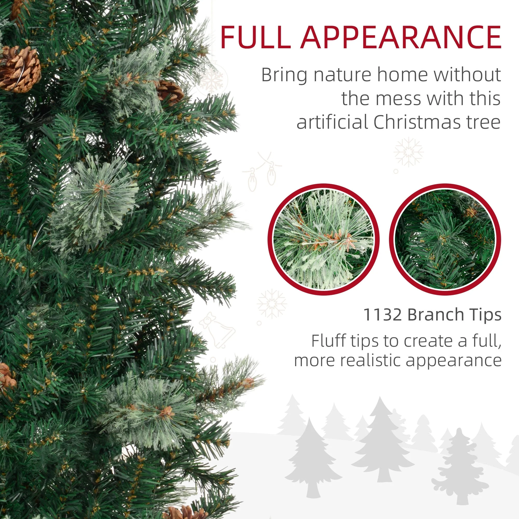 9.5 Ft Pencil Christmas Tree, Unlit Slim Artificial Xmas Tree with Realistic Branches, Pine Cones & Metal Stand