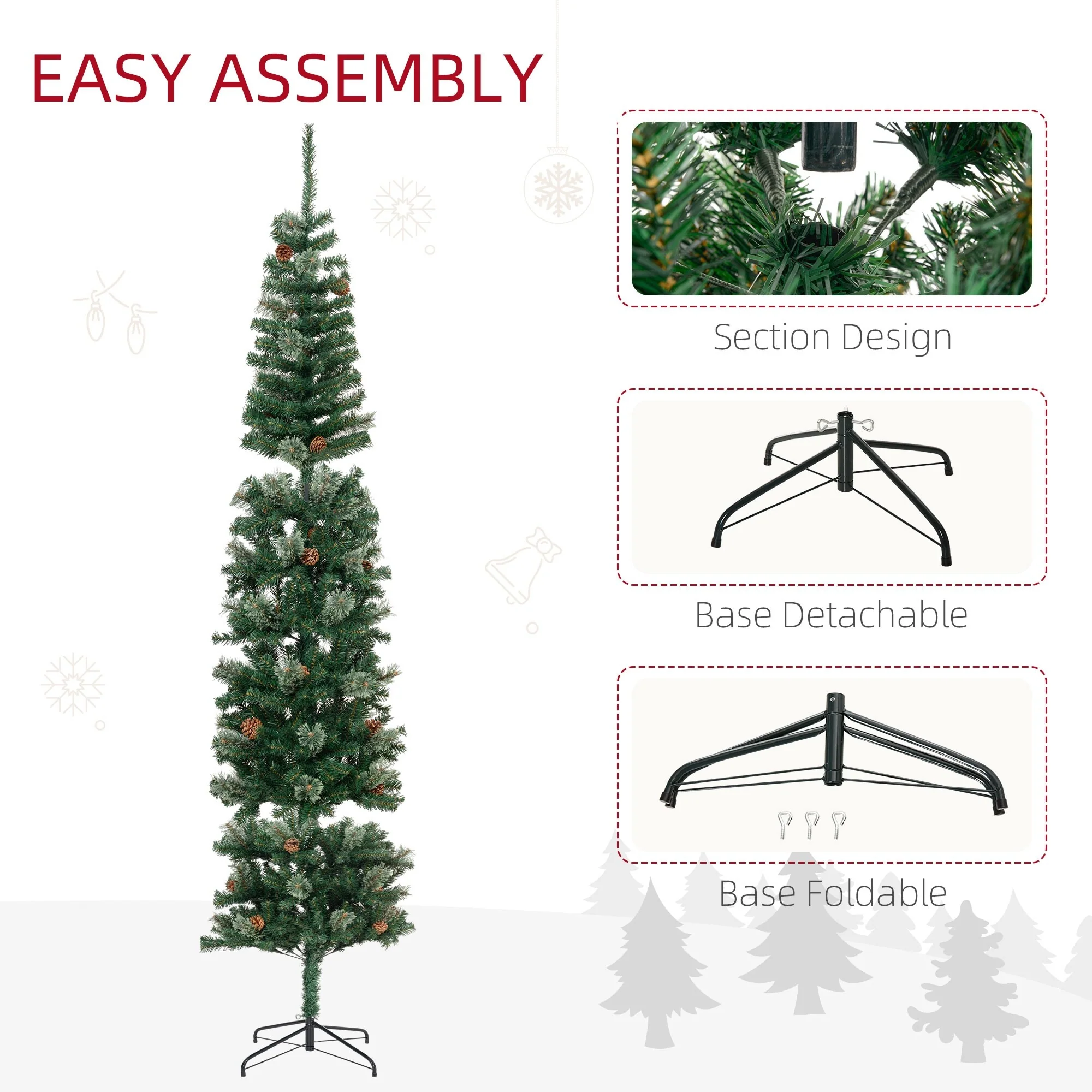 Lifelike 9.5ft Pencil Christmas Tree with Pine Cones and Metal Base
