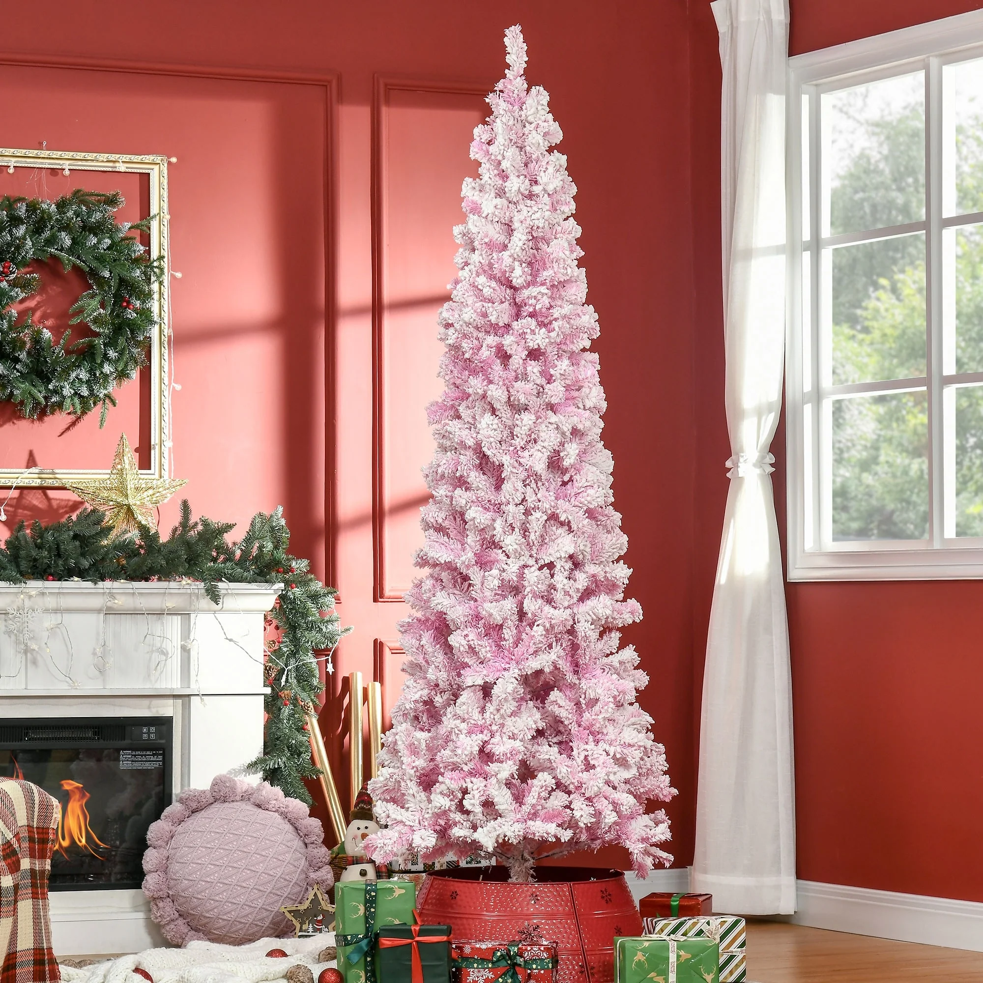 7.5' Snow-Flocked Unlit Artificial Christmas Tree, Slim Pencil Shape with Realistic Branches and Pine Style