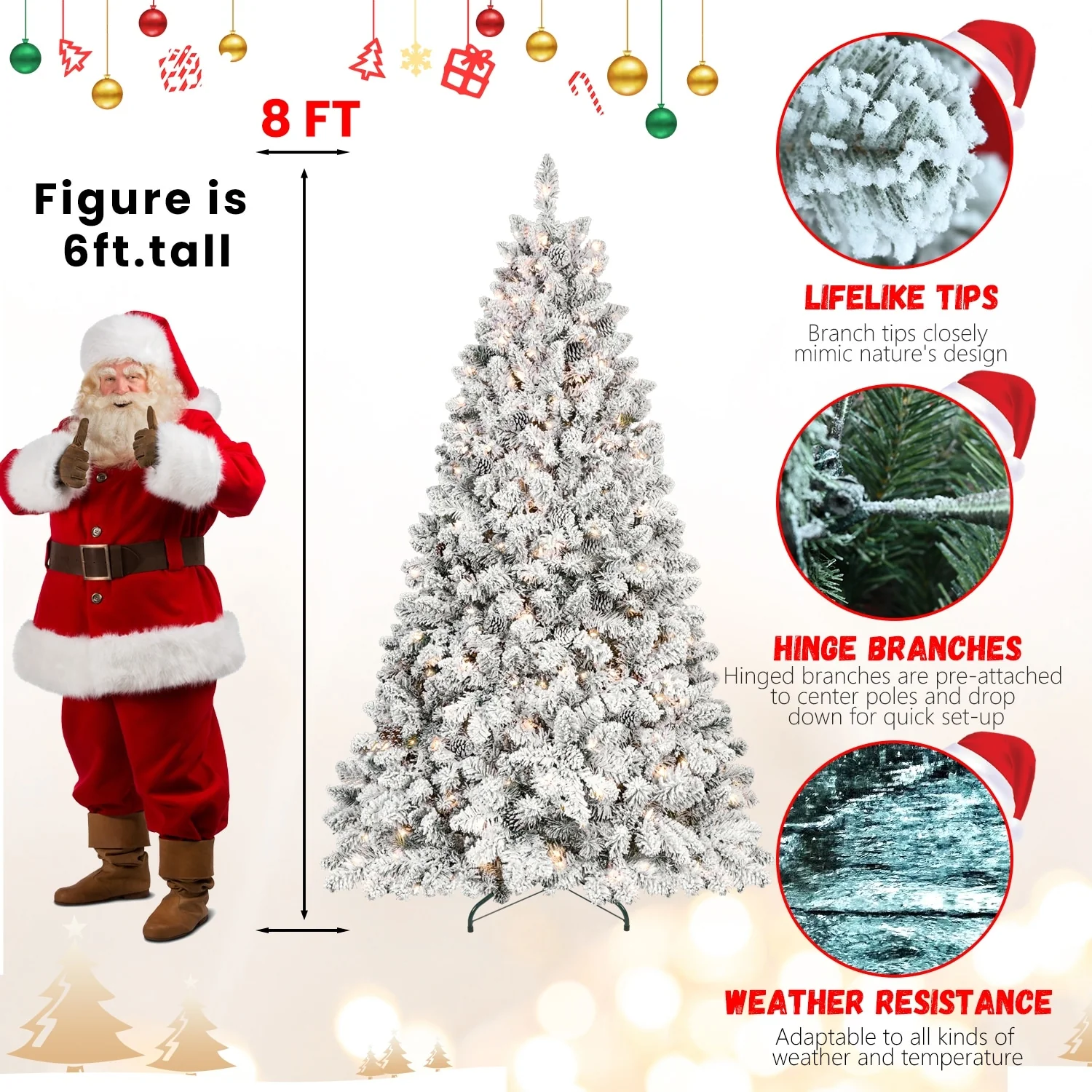 Snow-Flocked Christmas Tree with Pine Cones, Hinged Branches, Prelit, Metal Stand - 6ft to 9ft Sizes