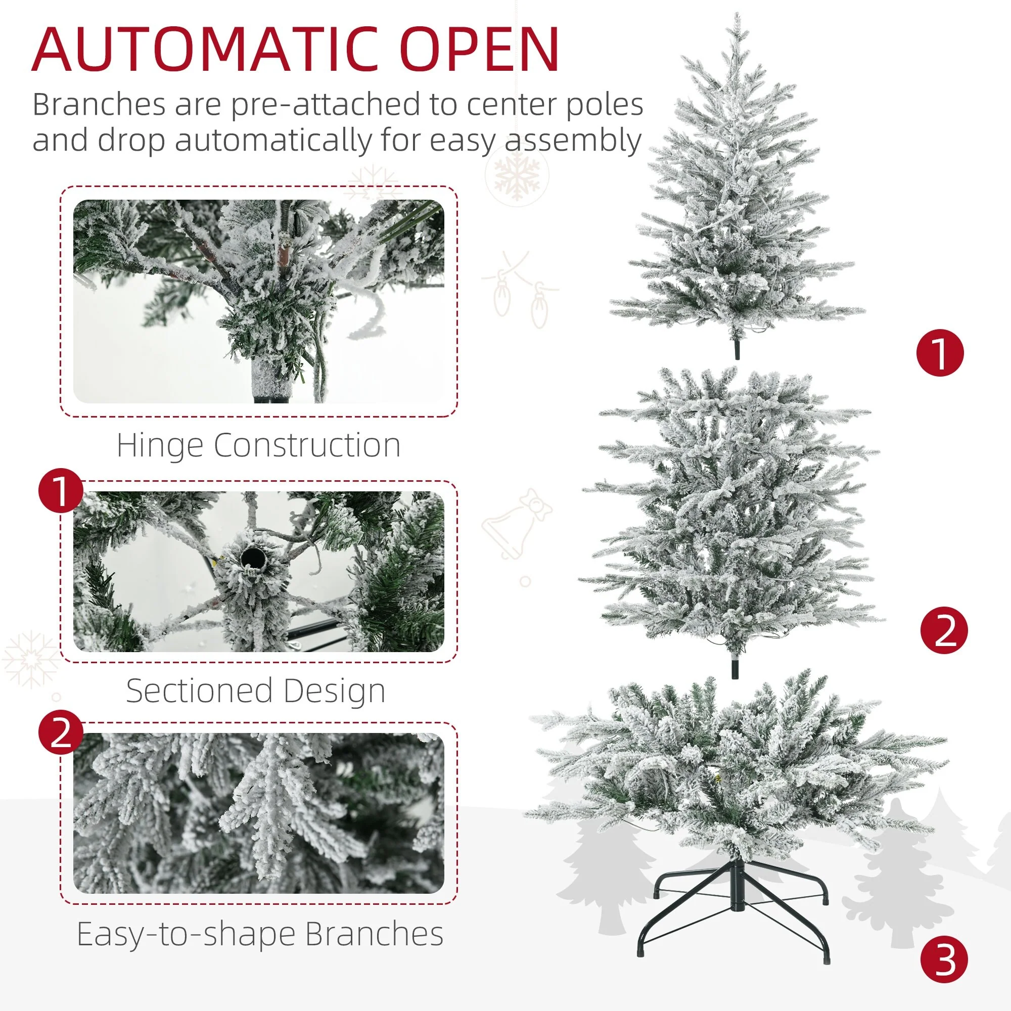 6ft Snow Flocked Artificial Christmas Tree, Prelit with Warm Yellow Clear Lights, Realistic Holiday Décor
