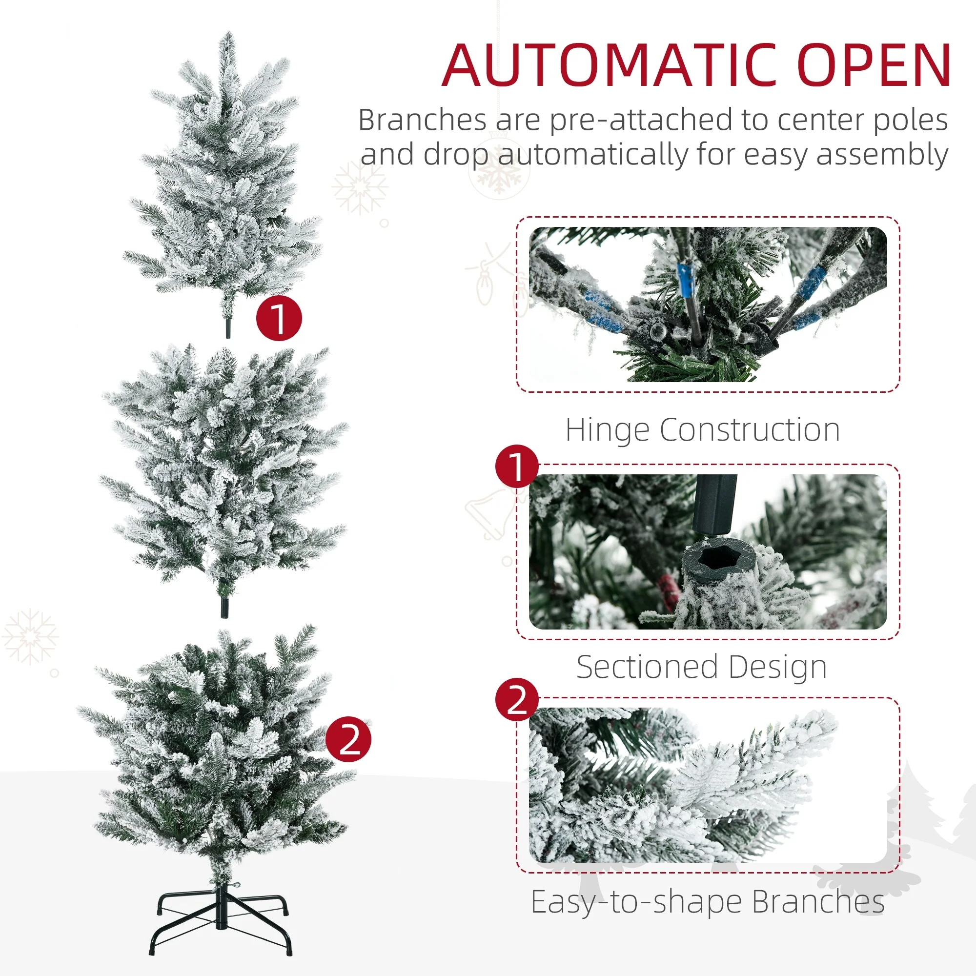 Unlit 6ft Snow-Flocked Pencil Artificial Christmas Tree with Auto-Open Design, Ideal Holiday Decoration
