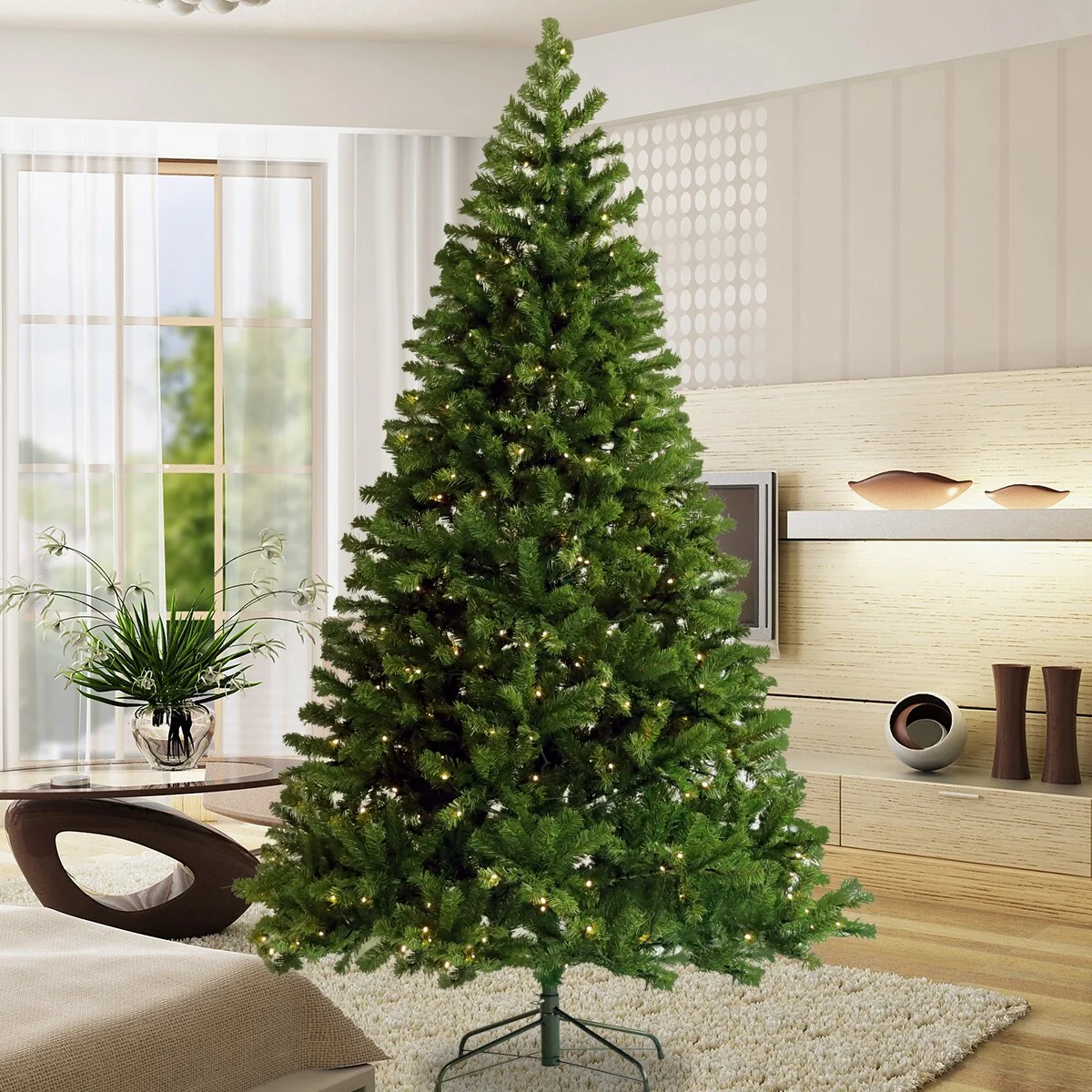 6ft/7.5ft Pre-Lit Hinged Christmas Tree, Full-Bodied with 1000/1420 Tips, PVC Fir and Foldable Metal Stand