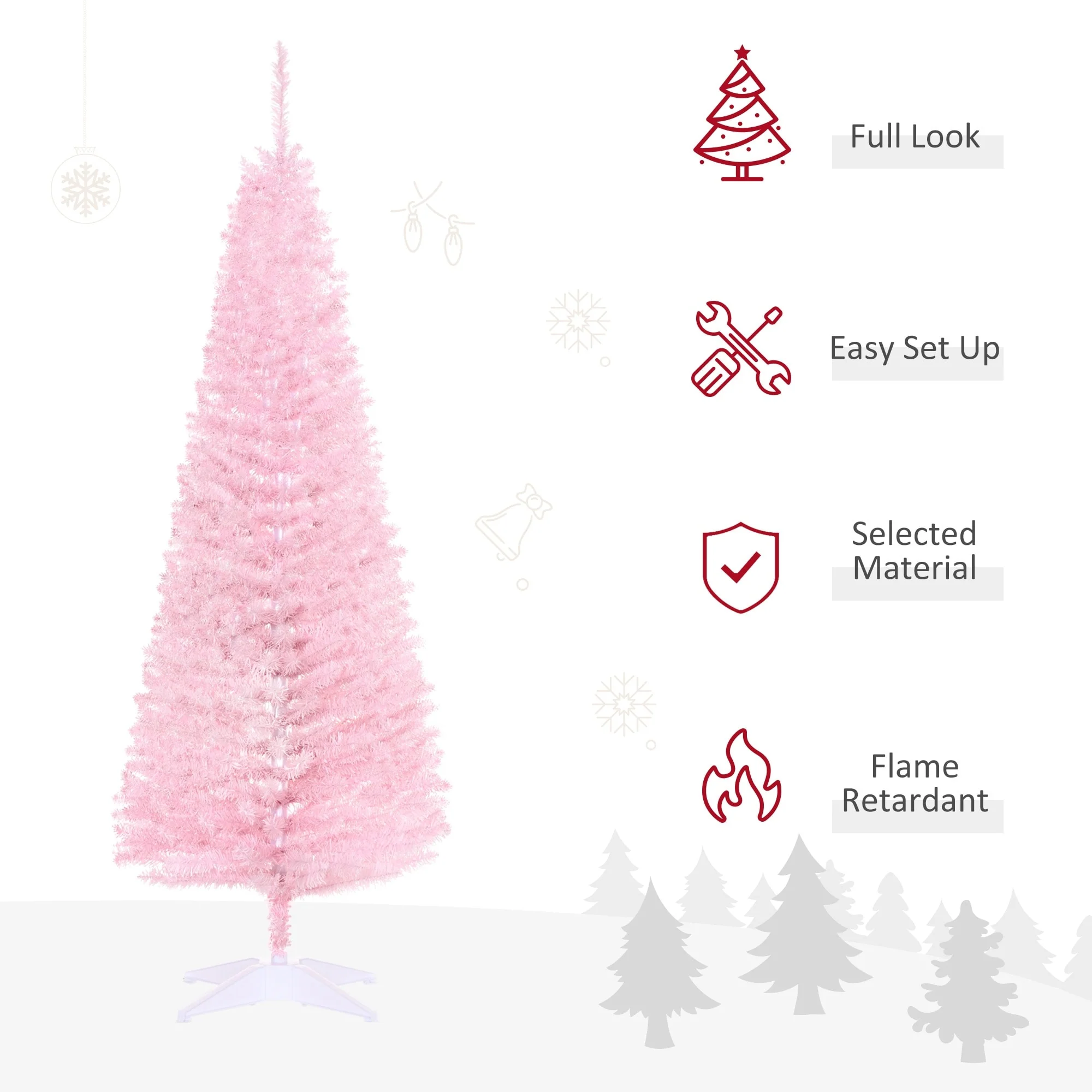Snow-Flocked 6ft/5ft/7ft Pencil Christmas Tree, Slim Unlit Artificial Tree with Realistic Branches and Plastic Stand