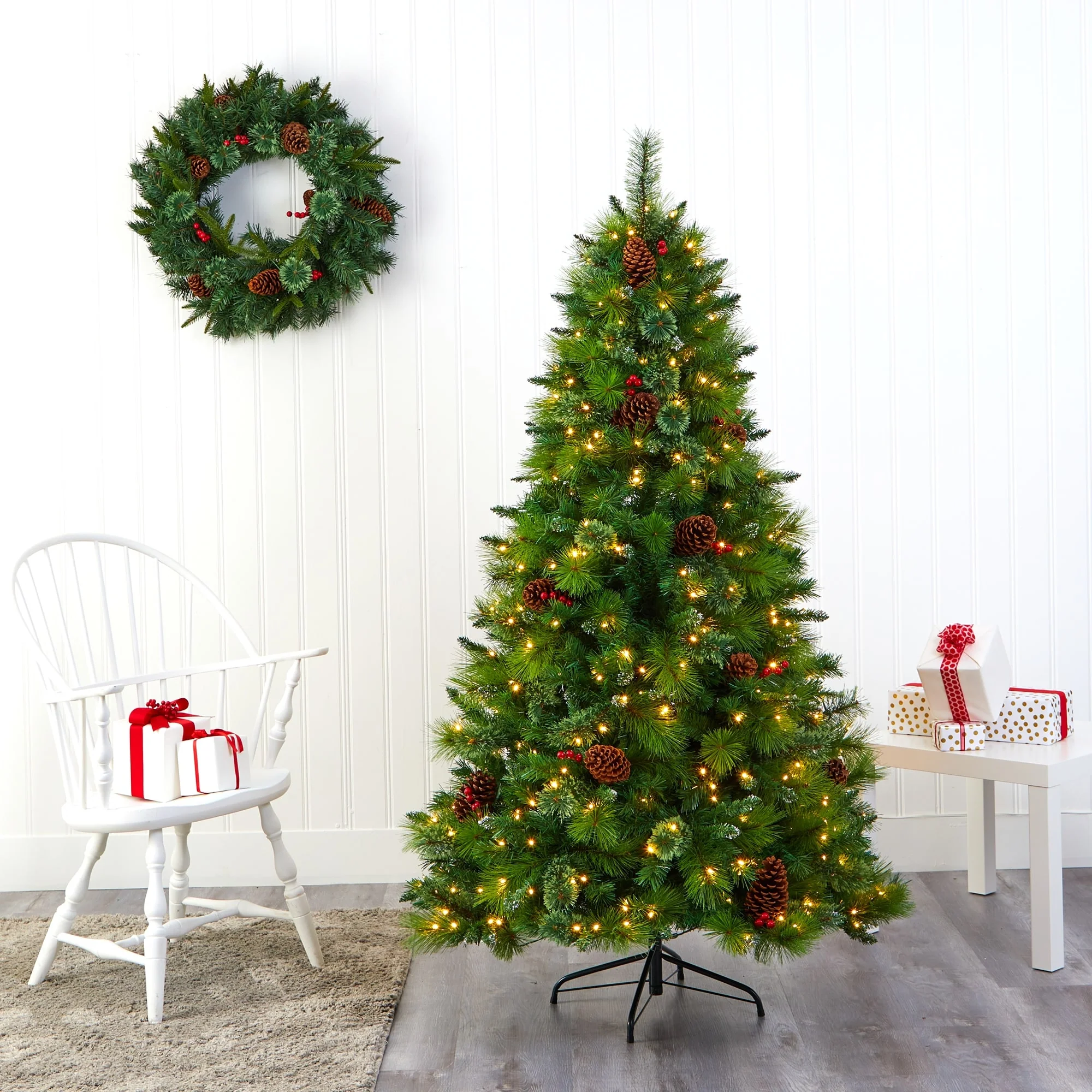 6’ Pre-Lit Montana Pinecones Berries Artificial Christmas Tree, Warm Clear LED Lights - 6 Foot