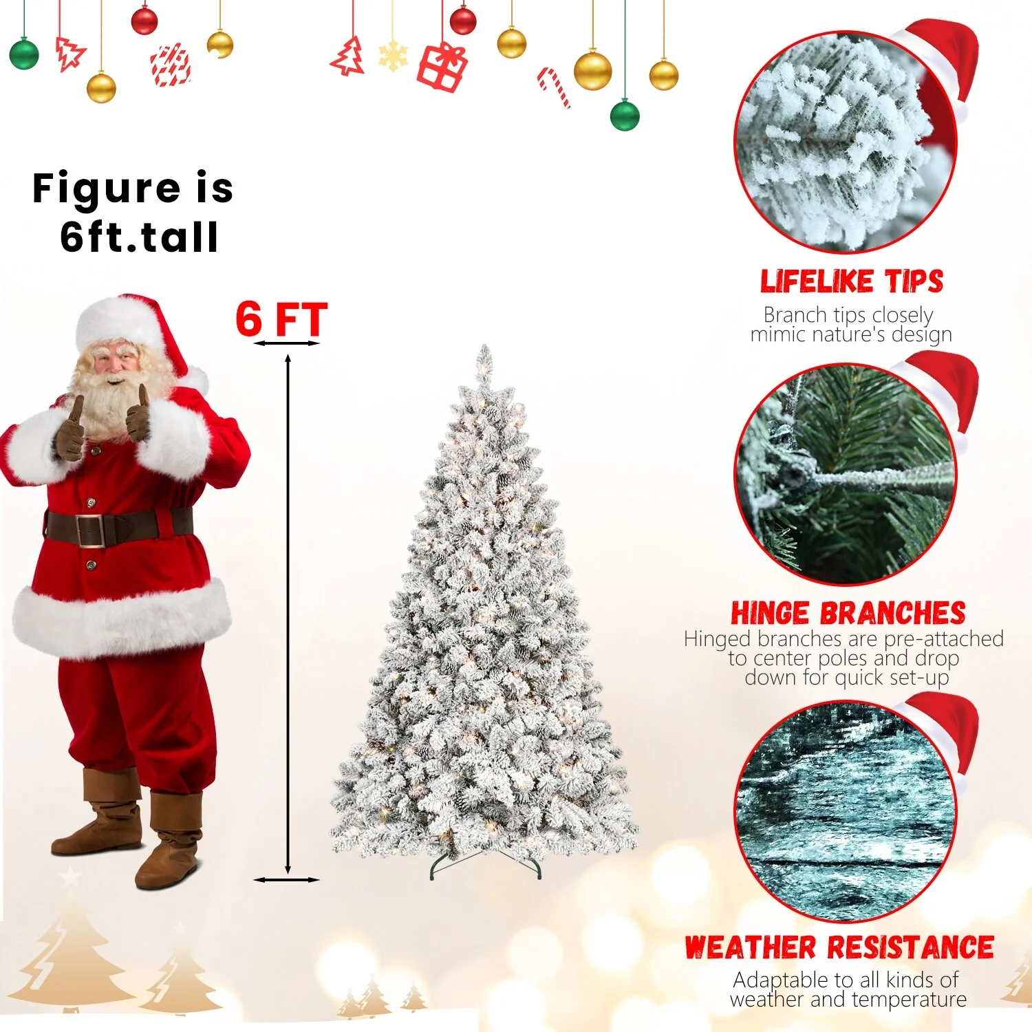 Snow-Flocked Christmas Tree with Pine Cones, Hinged Branches, Prelit, Metal Stand - 6ft to 9ft Sizes