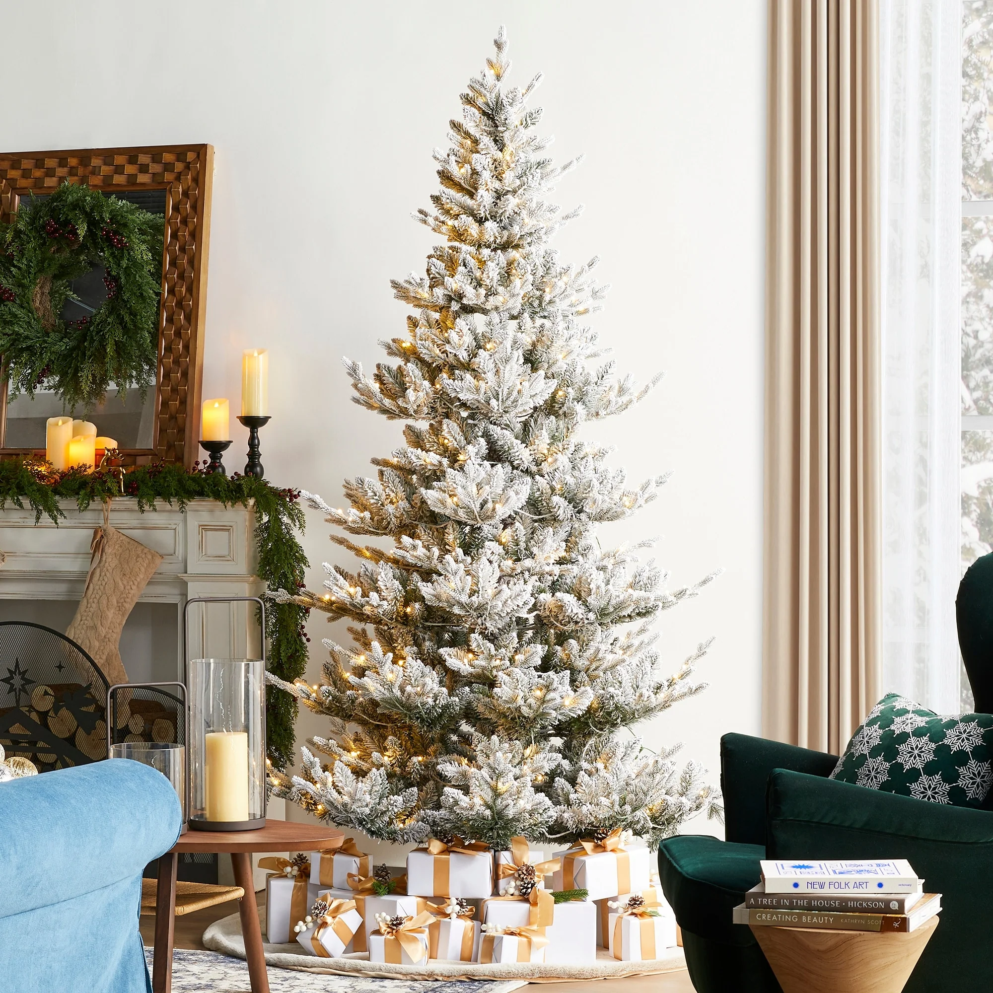 Glitzhome 7.5ft/9ft Pre-Lit Flocked Upward Slim Fir Artificial Christmas Tree with Remote Control