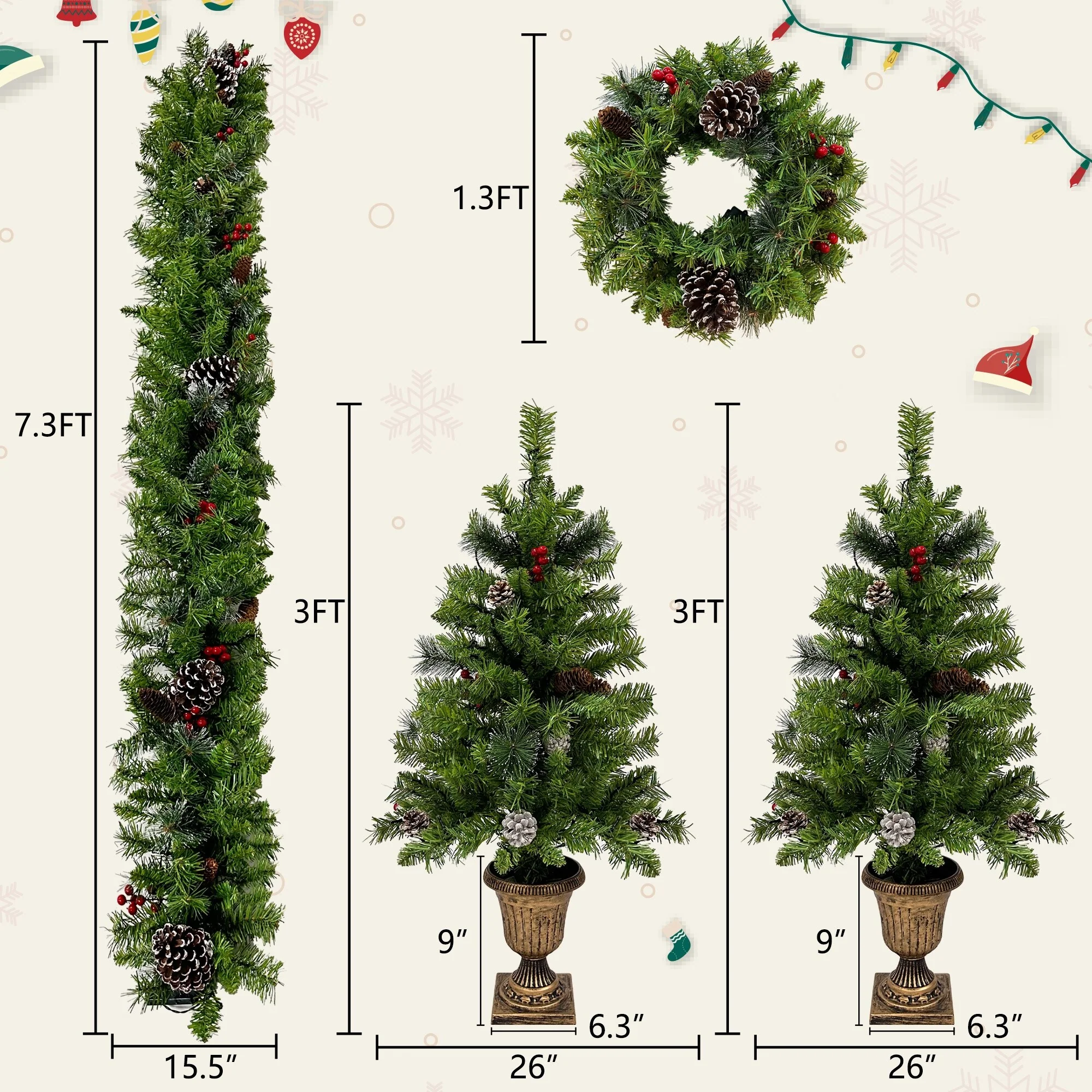 4-Piece Artificial Christmas Tree Set with LED Lights, 3FT Entrance Trees, Wreath & Garland.