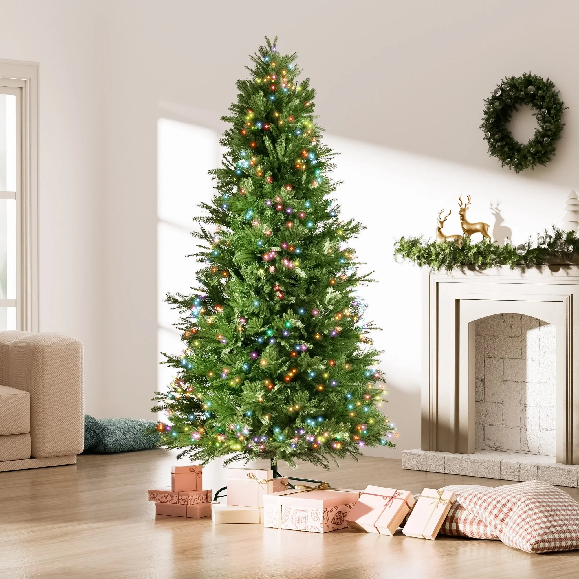 Artificial Everett Balsam Christmas Tree with Bi-Colour LED Lights, PE&PVC Branch Tips, 6.5ft & 7.5ft Sizes