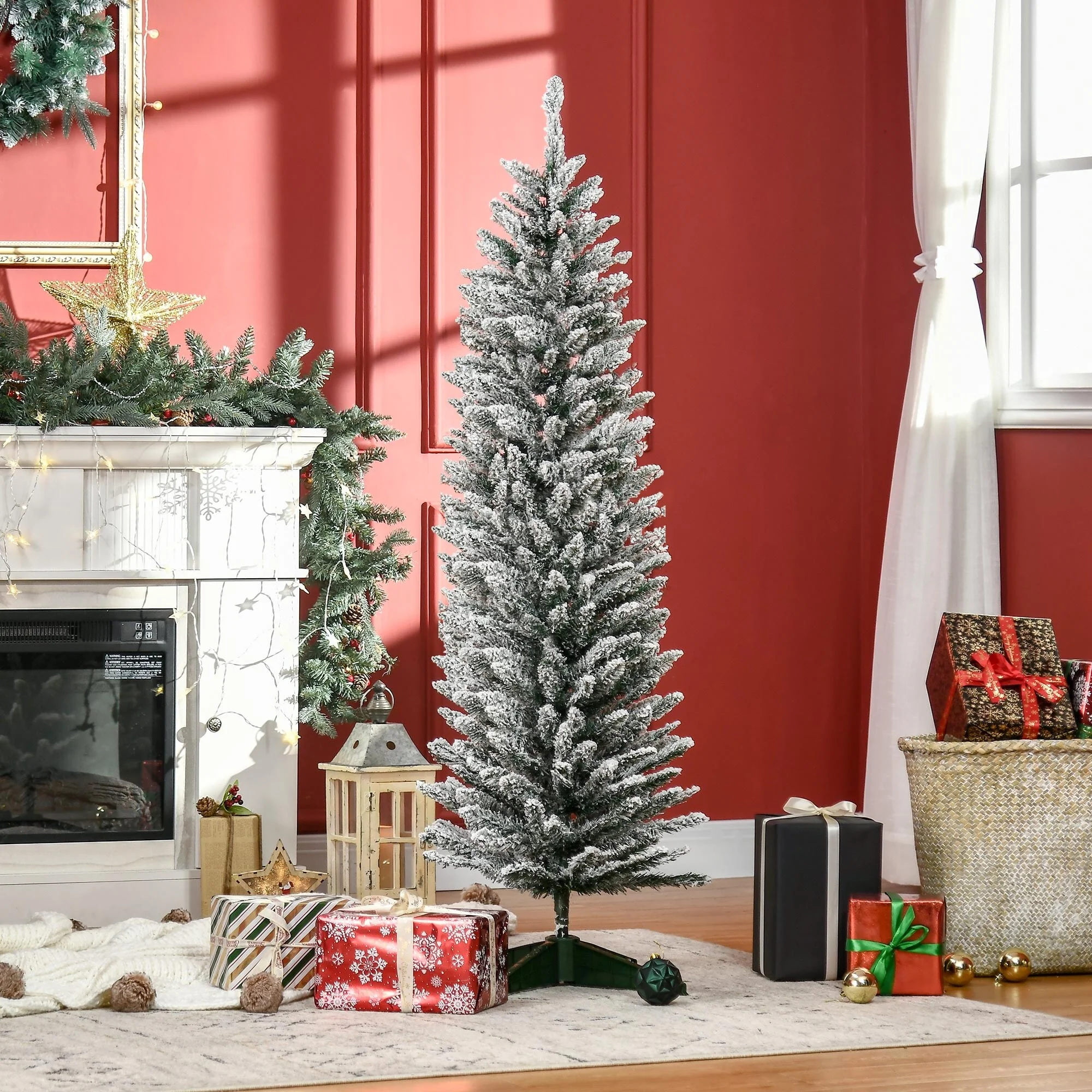 5' Snow Flocked Artificial Pencil Christmas Tree, Unlit with Realistic Branches and Stable Plastic Base