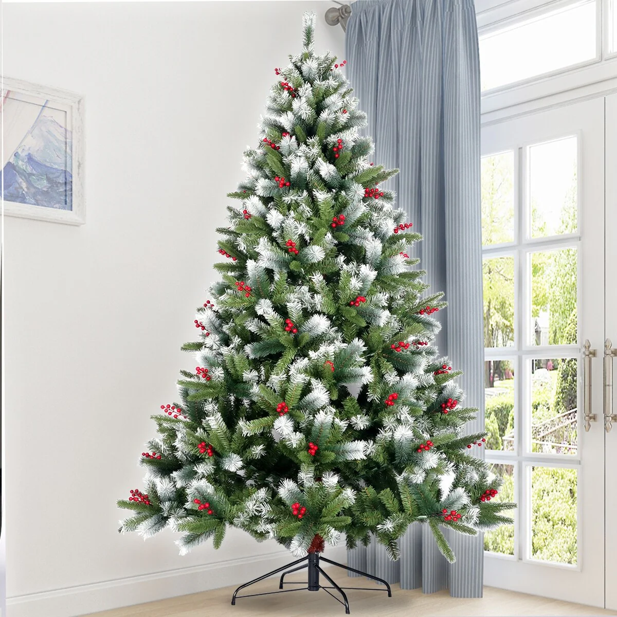 7.5FT Ultra-Realistic Flocked Artificial Christmas Tree with Hinged Branches and 1145 Tips