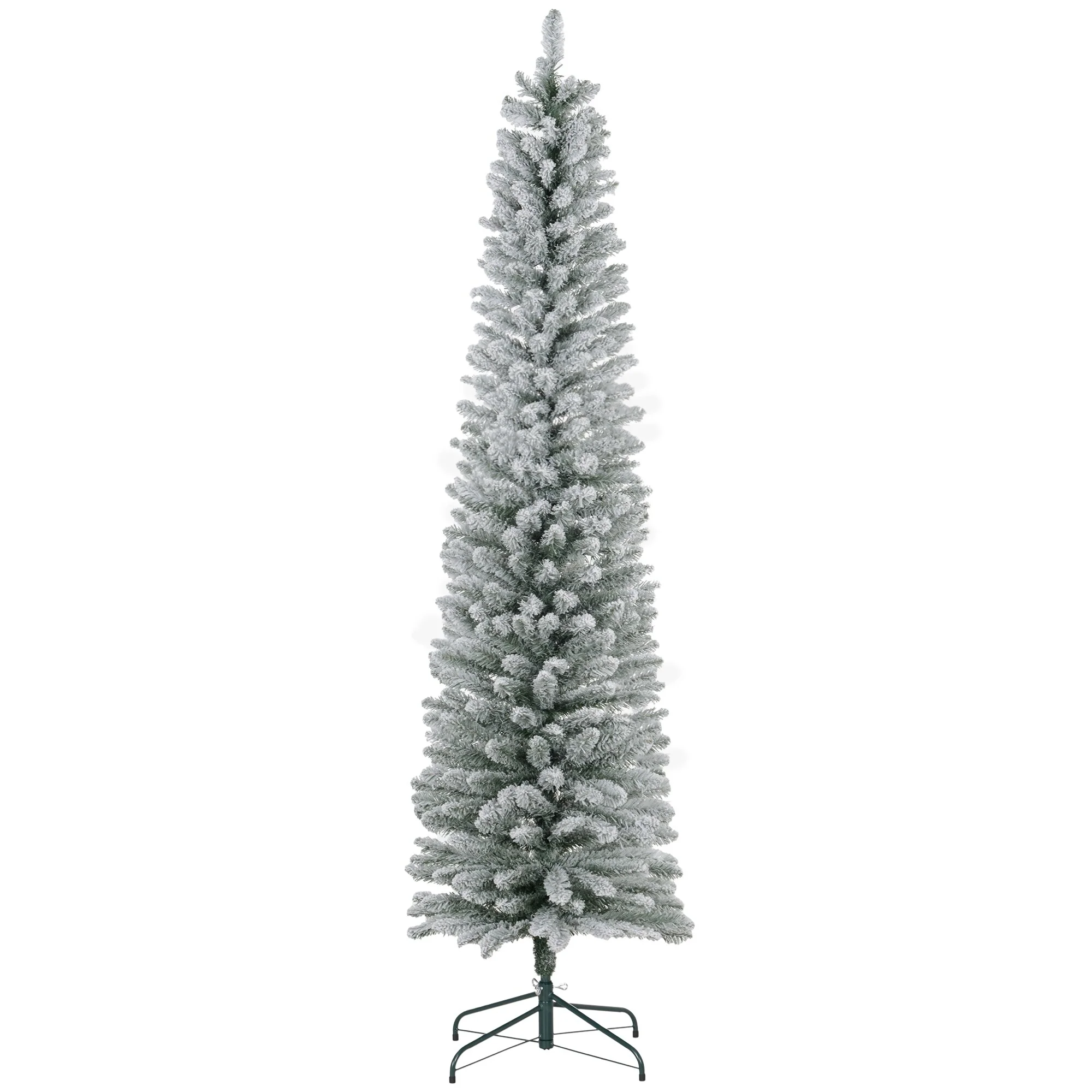 7ft Slim Snow Flocked Pencil Christmas Tree, 405 Tips with Metal Base, Ideal for Small Spaces & Foyers