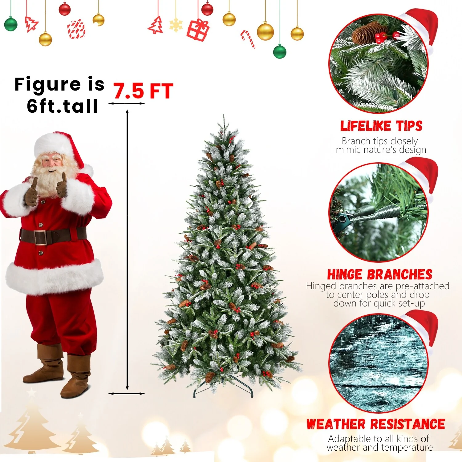 7.5ft Realistic Christmas Tree, White-Sprayed Tips, Pine Cones and Red Berries