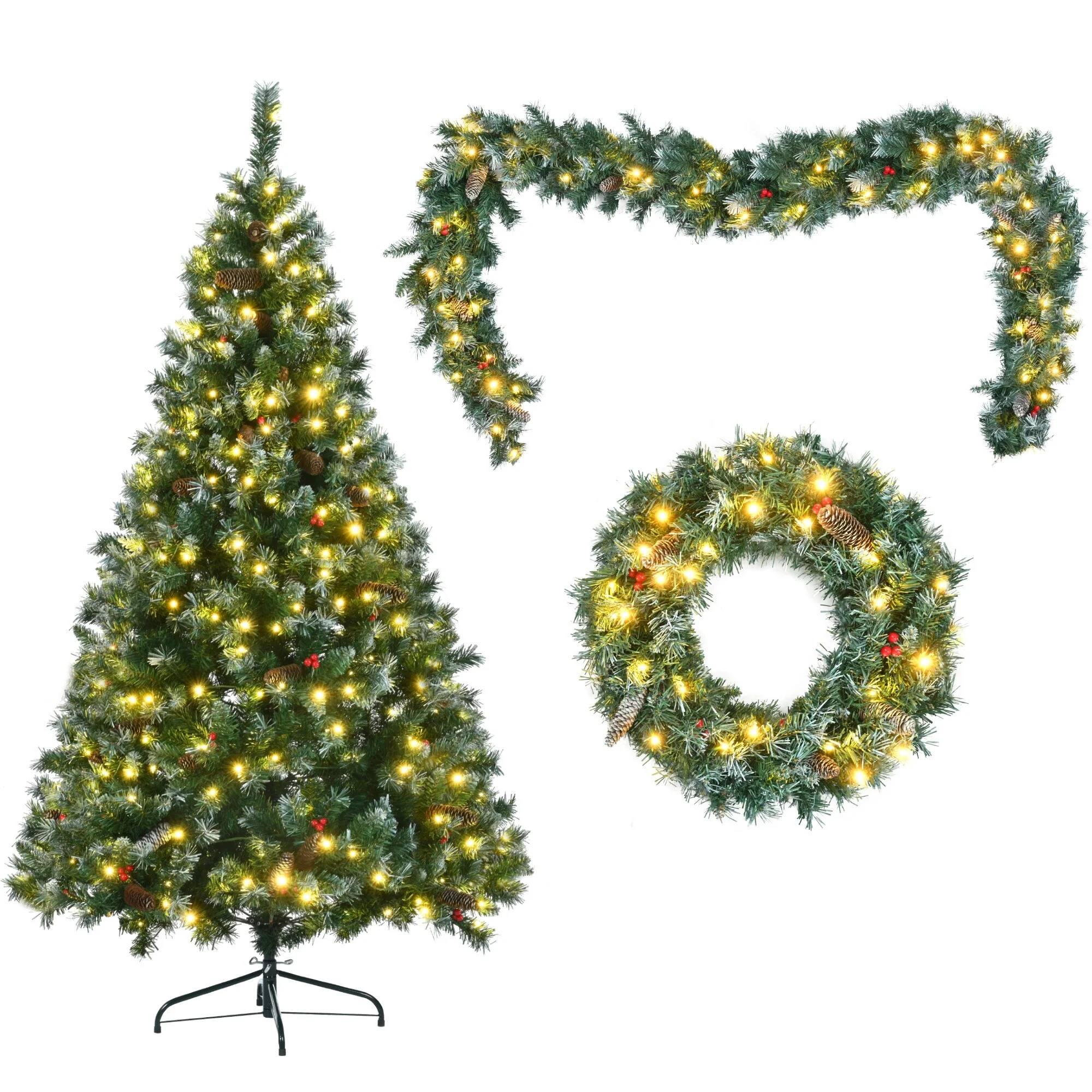 Pre-Lit 6FT Xmas Tree Set with Garland, Wreath and 11 Lighting Modes