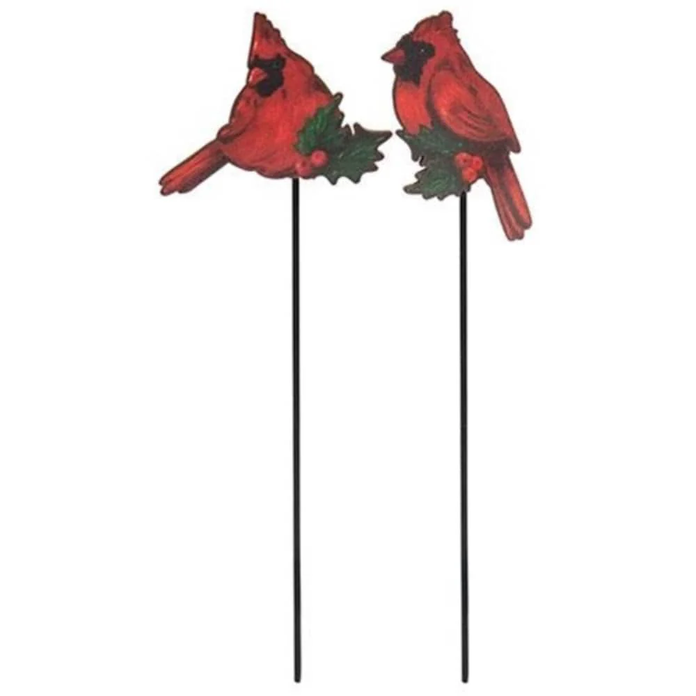 Decorative Winter Cardinal Plant Stakes with Wooden Birds and Black Metal Base 2 Asstd. - Red-Black - 10