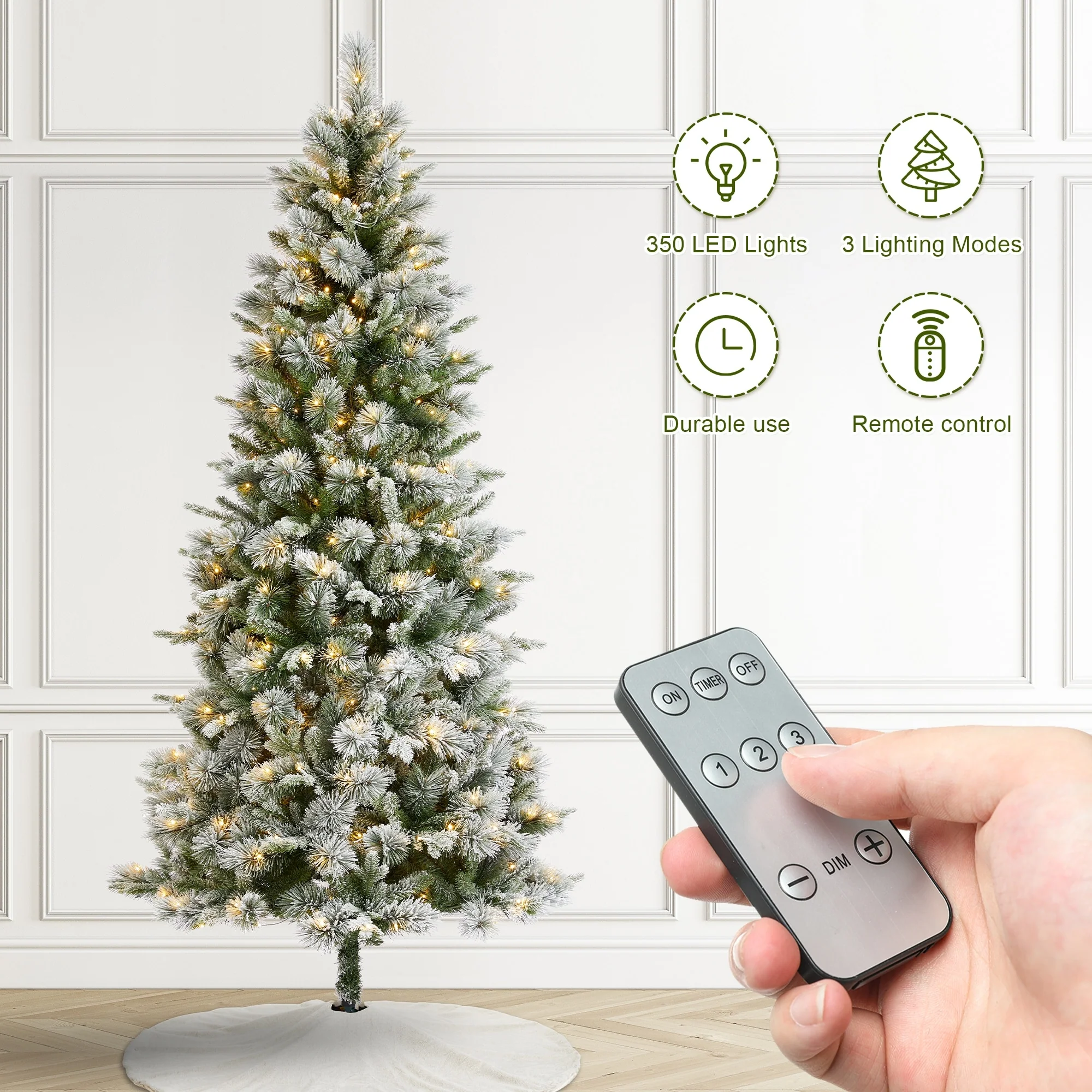 Glitzhome 7.5ft/9ft/11ft Pre-Lit Flocked Slim Pine Artificial Christmas Tree w/ Foot Pedal & Remote Control