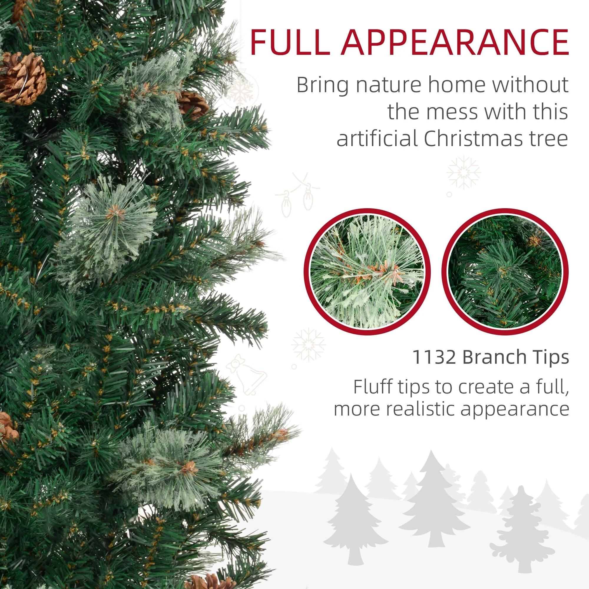 9.5ft Slim Christmas Tree with Pine Cones, Realistic Needles and Metal Base