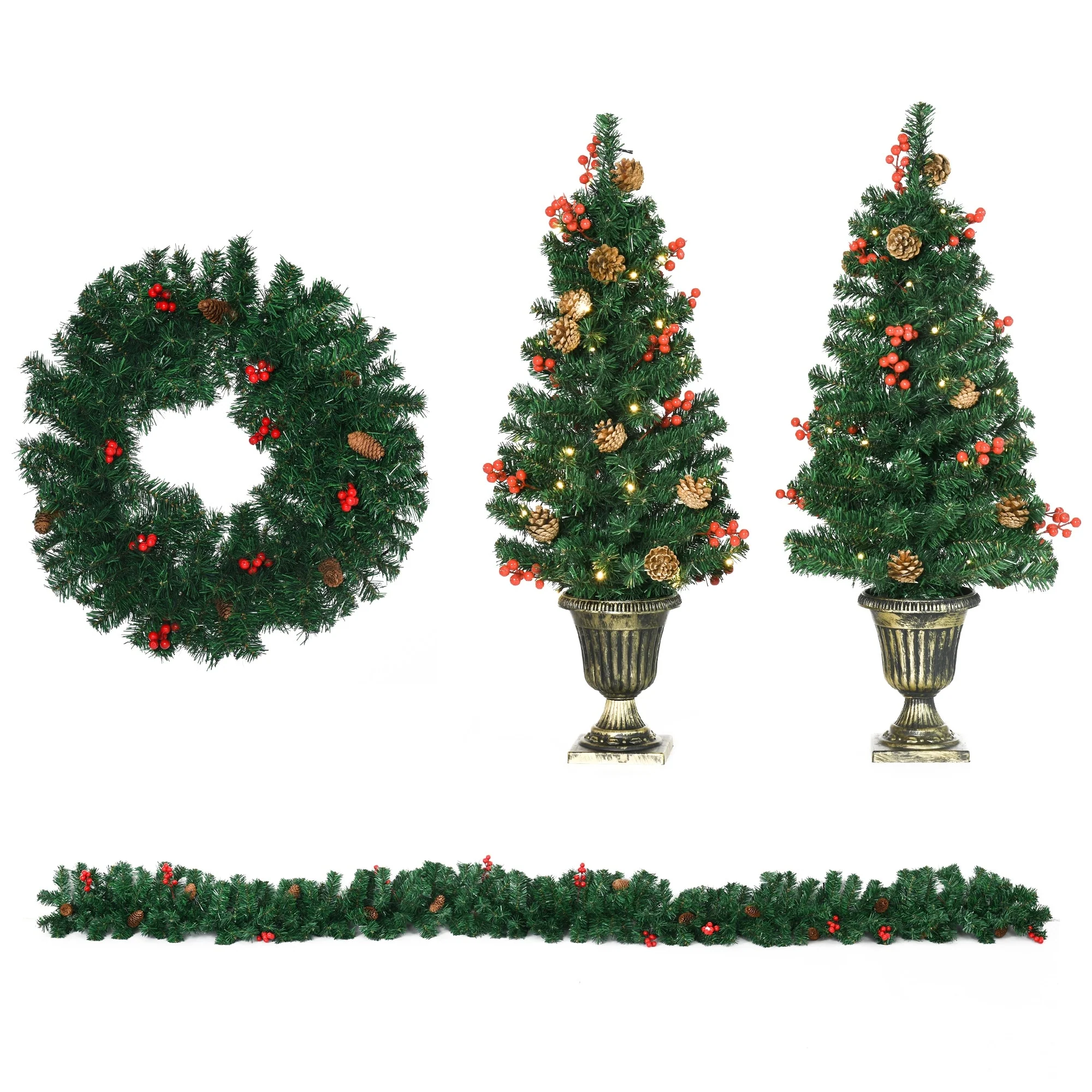 Holiday Christmas 4-Piece Set with Warm LED Lights - Garland, Wreath & Two 3FT Entrance Trees, Perfect for Indoor/Outdoor Decor