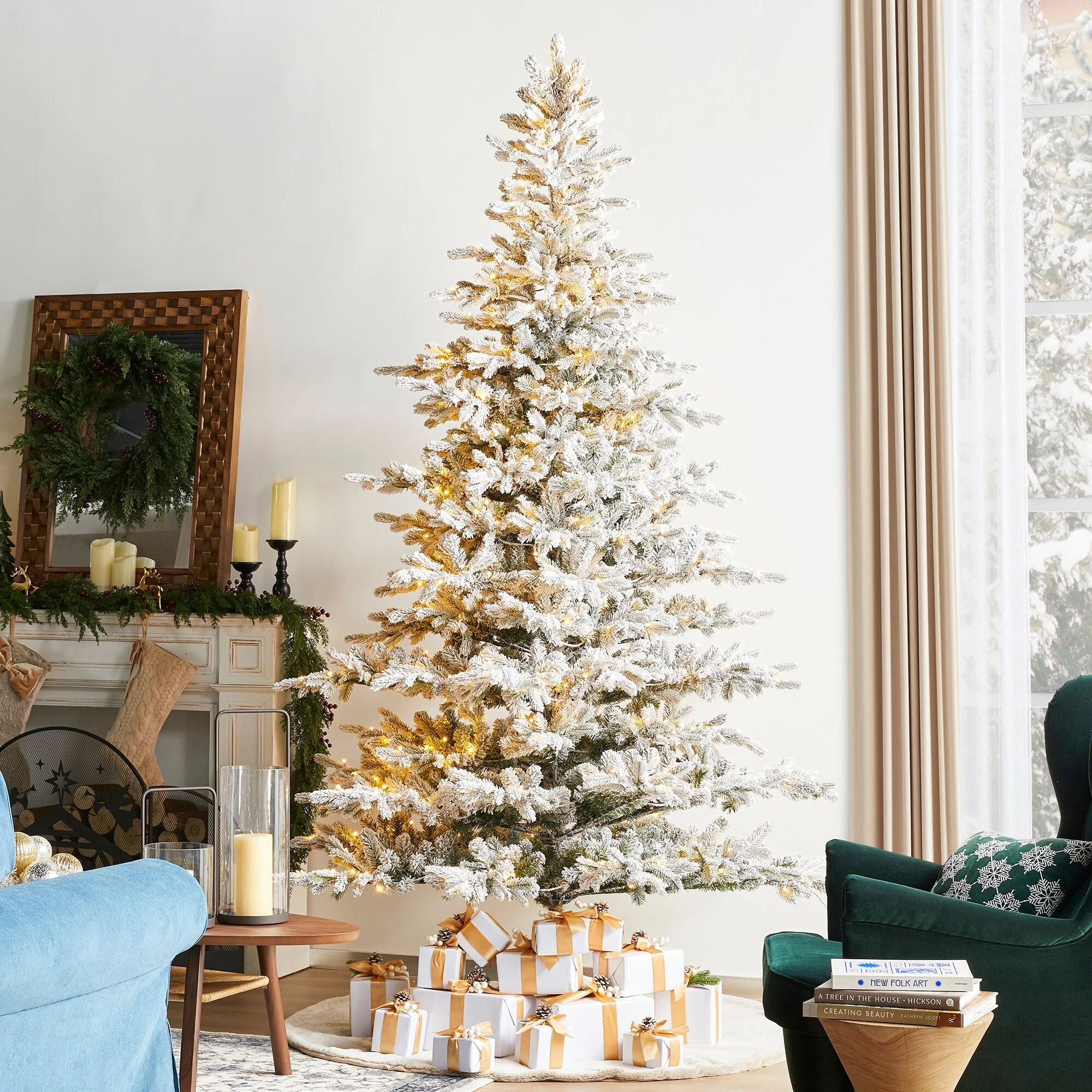 Glitzhome 7.5ft/9ft Pre-Lit Flocked Full Fir Artificial Christmas Trees with Foot Pedal