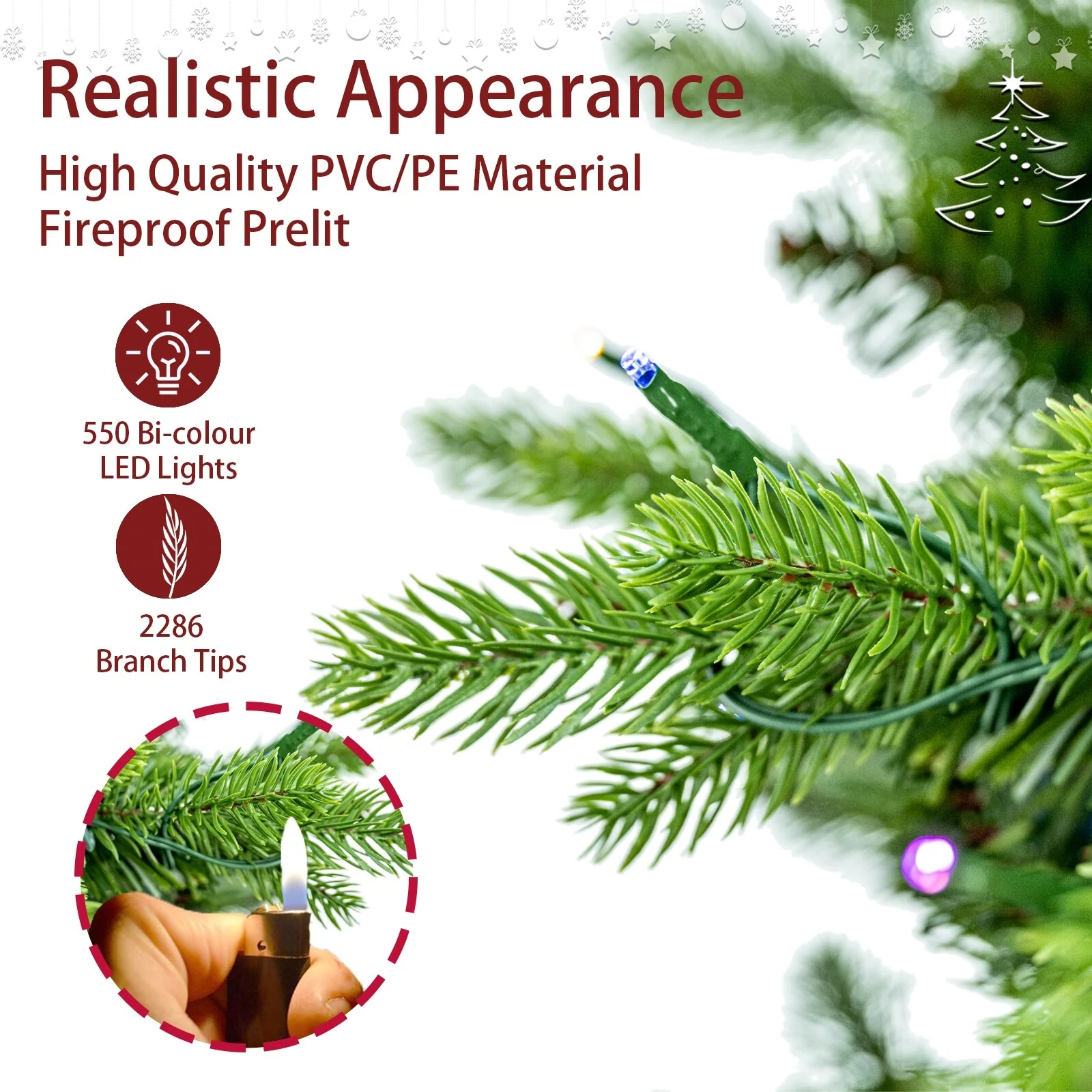 Artificial Everett Balsam Christmas Tree with Bi-Colour LED Lights, PE&PVC Branch Tips, 6.5ft & 7.5ft Sizes