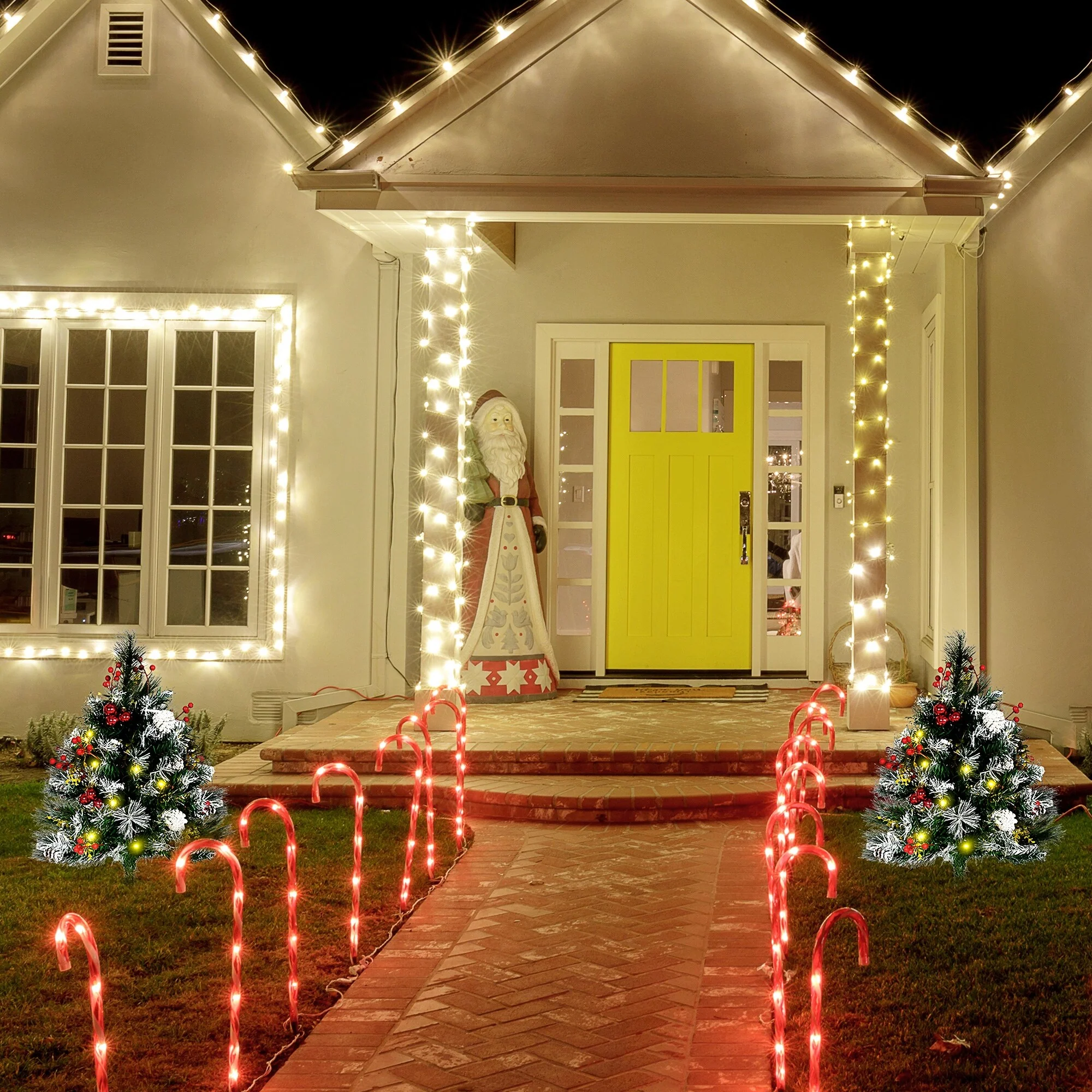 Outdoor 2.5 Ft Artificial Christmas Trees, Pre-Lit 2-Pack with 24 LED Lights, Red Berries, Pinecones & Snow-Dipped Branches
