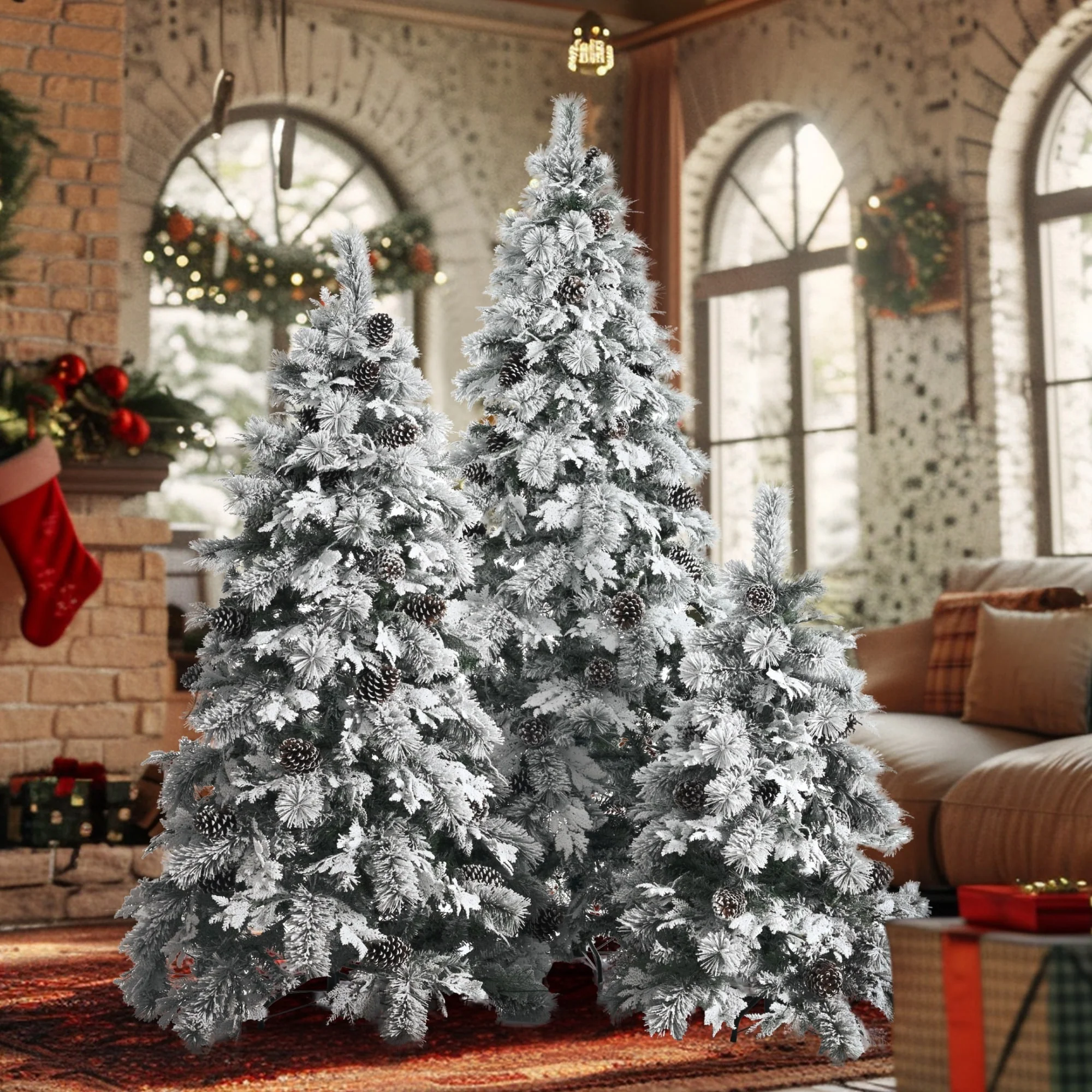 Artificial Pre-Lit Snow Flocked Christmas Tree Set with 820 LED Lights, Pine Cones, & 11 Flashing Modes - 4FT, 6FT, 7.5FT