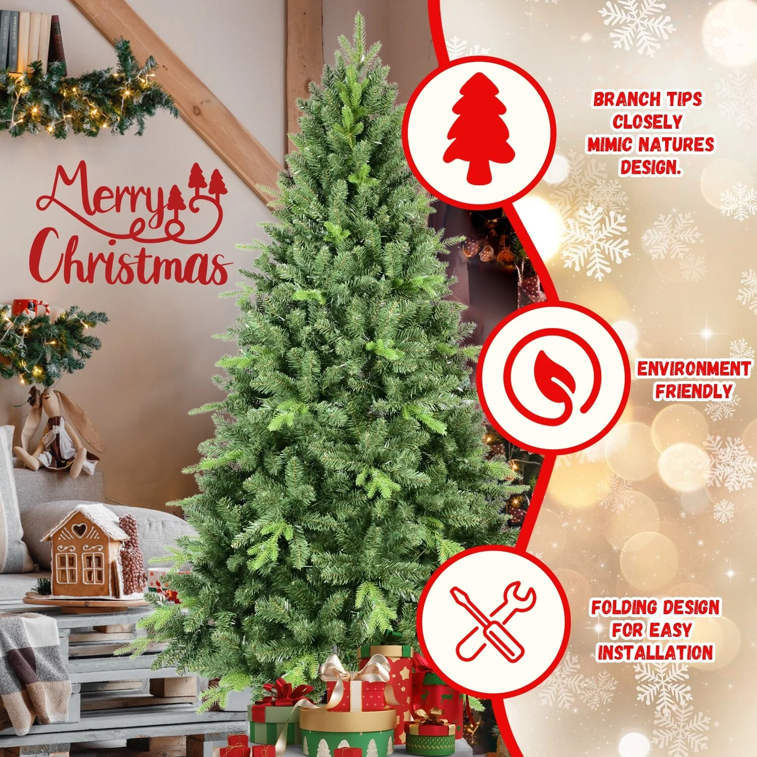 9ft Premium Spruce Artificial Christmas Tree, Unlit with 3509 PE & PVC Tips, Hinged Branches, Foldable Base