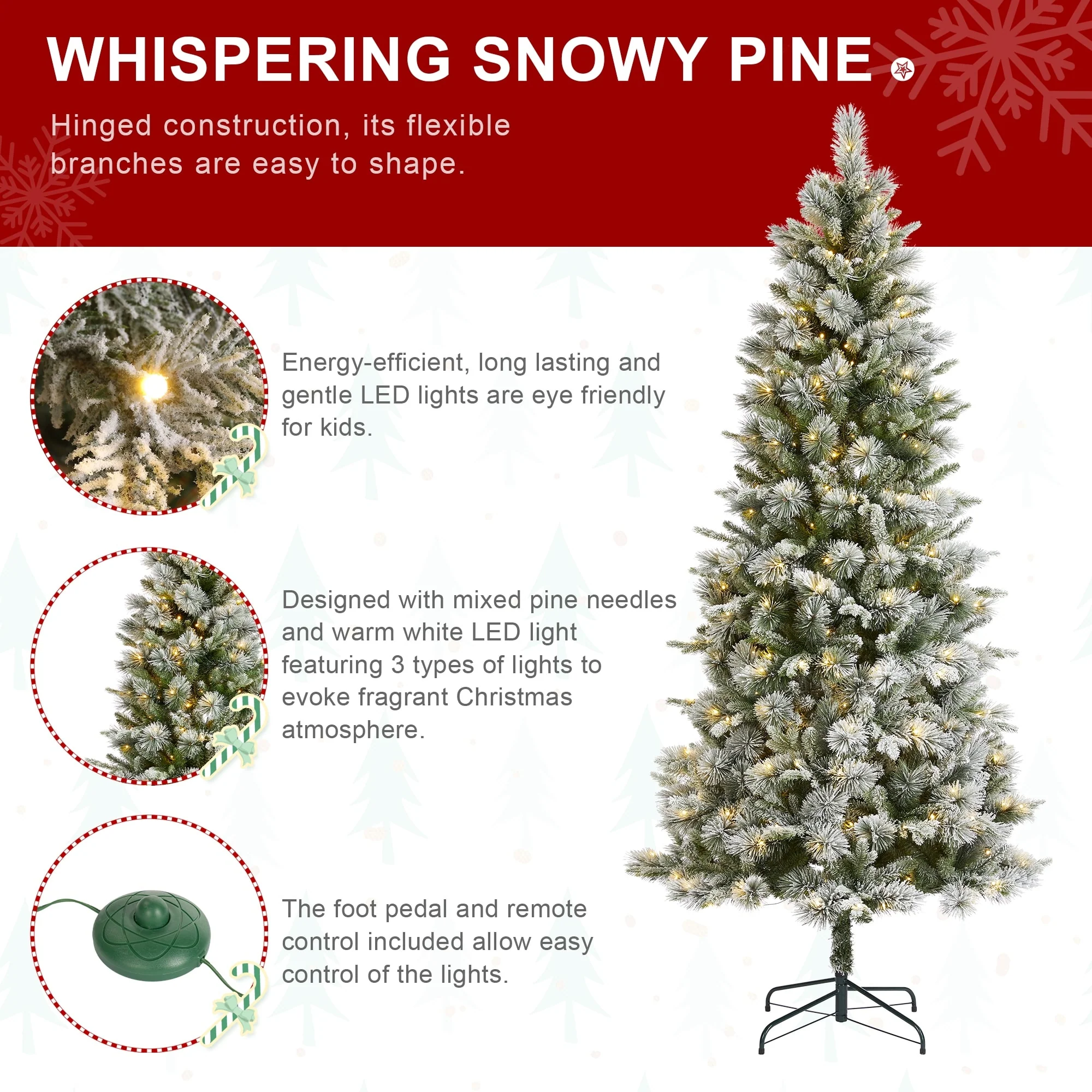 Glitzhome 7.5ft/9ft/11ft Pre-Lit Flocked Slim Pine Artificial Christmas Tree w/ Foot Pedal & Remote Control