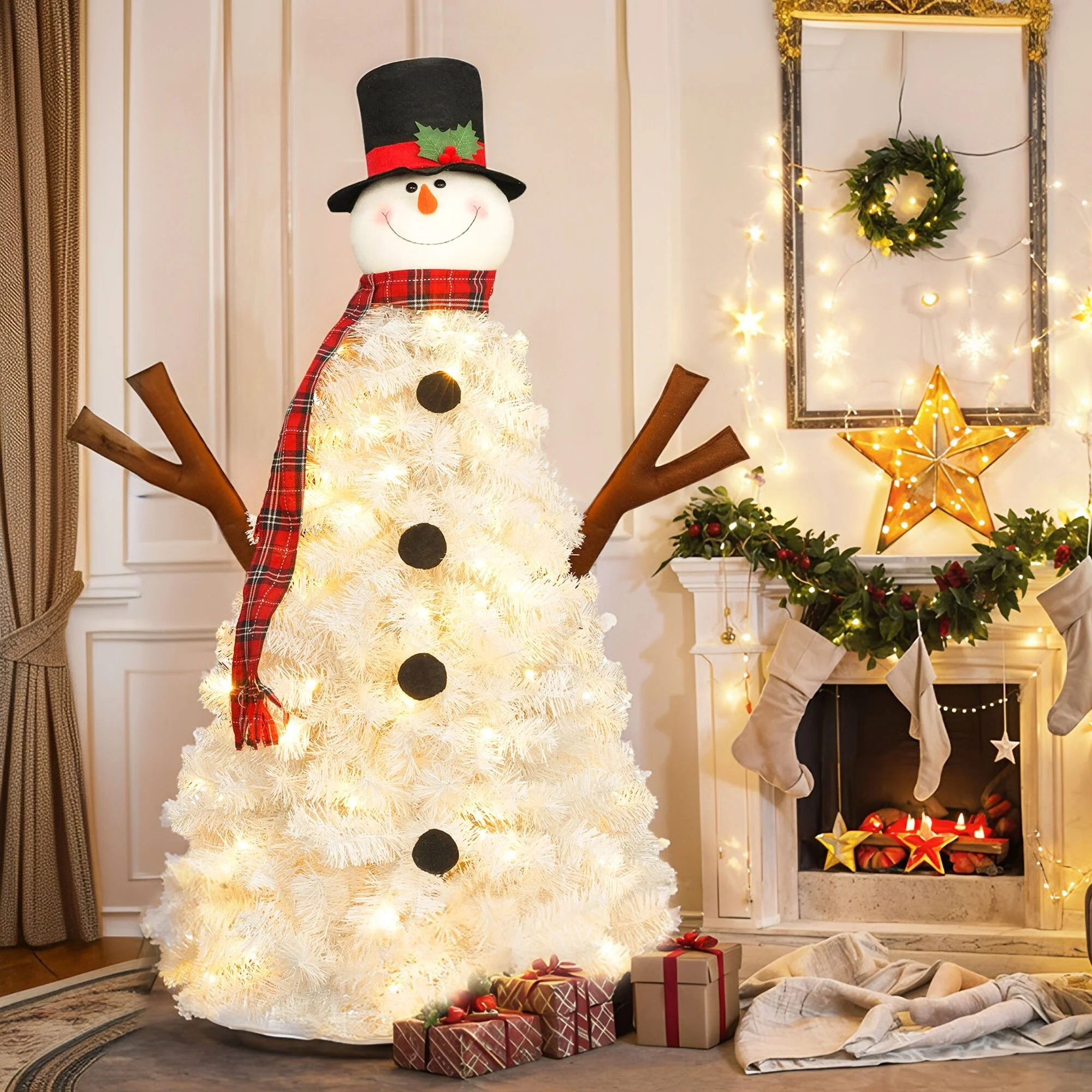 Pre-lit Snowman Christmas Tree, 4ft Artificial Holiday Tree with 100 Warm White LED Lights and 380 Branch Tips for Home