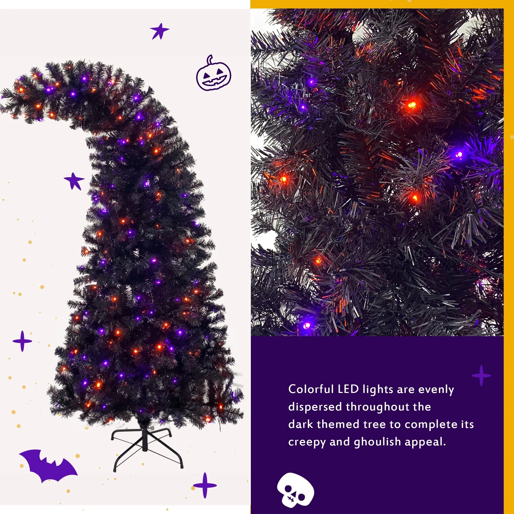 6FT Black Grinch-Style Bendable Christmas Tree with 300 Cold LED Lights, 1,080 Tips, Halloween and Holiday Decor