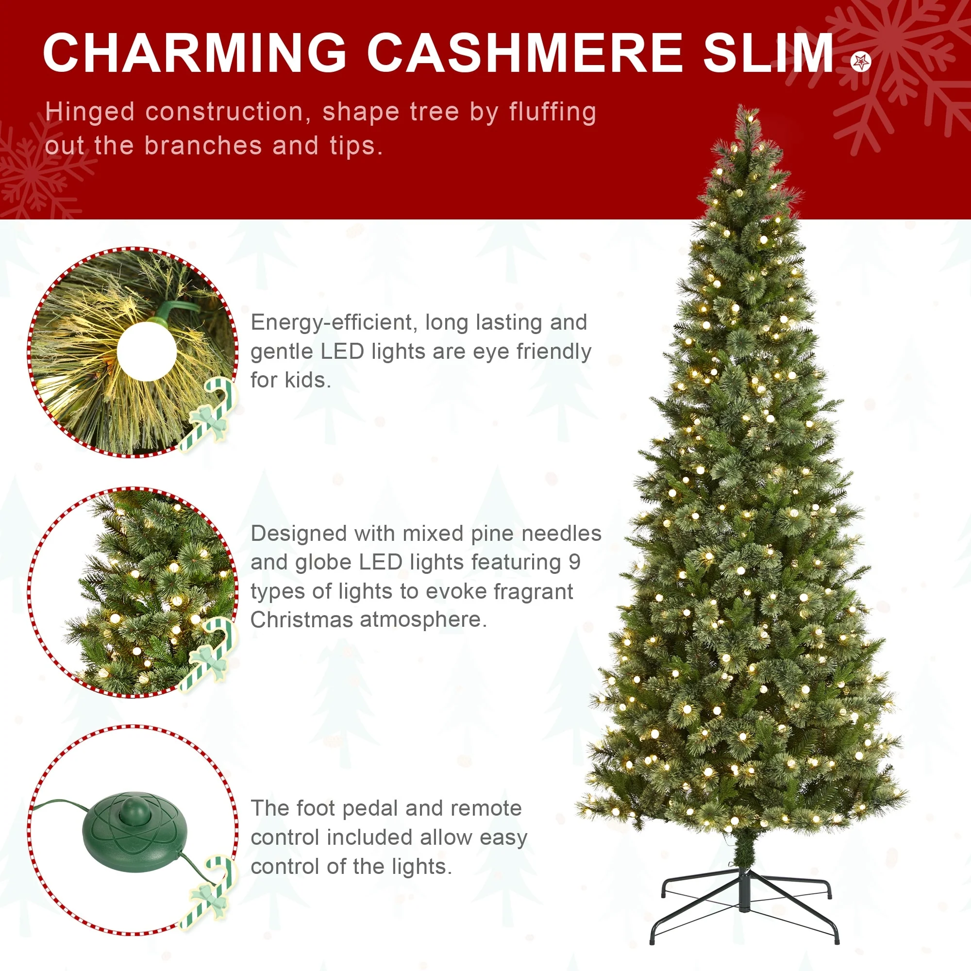 Glitzhome 7.5ft/9ft Pre-Lit Green Slim Pine Artificial Christmas Tree with Foot Pedal & Remote Control