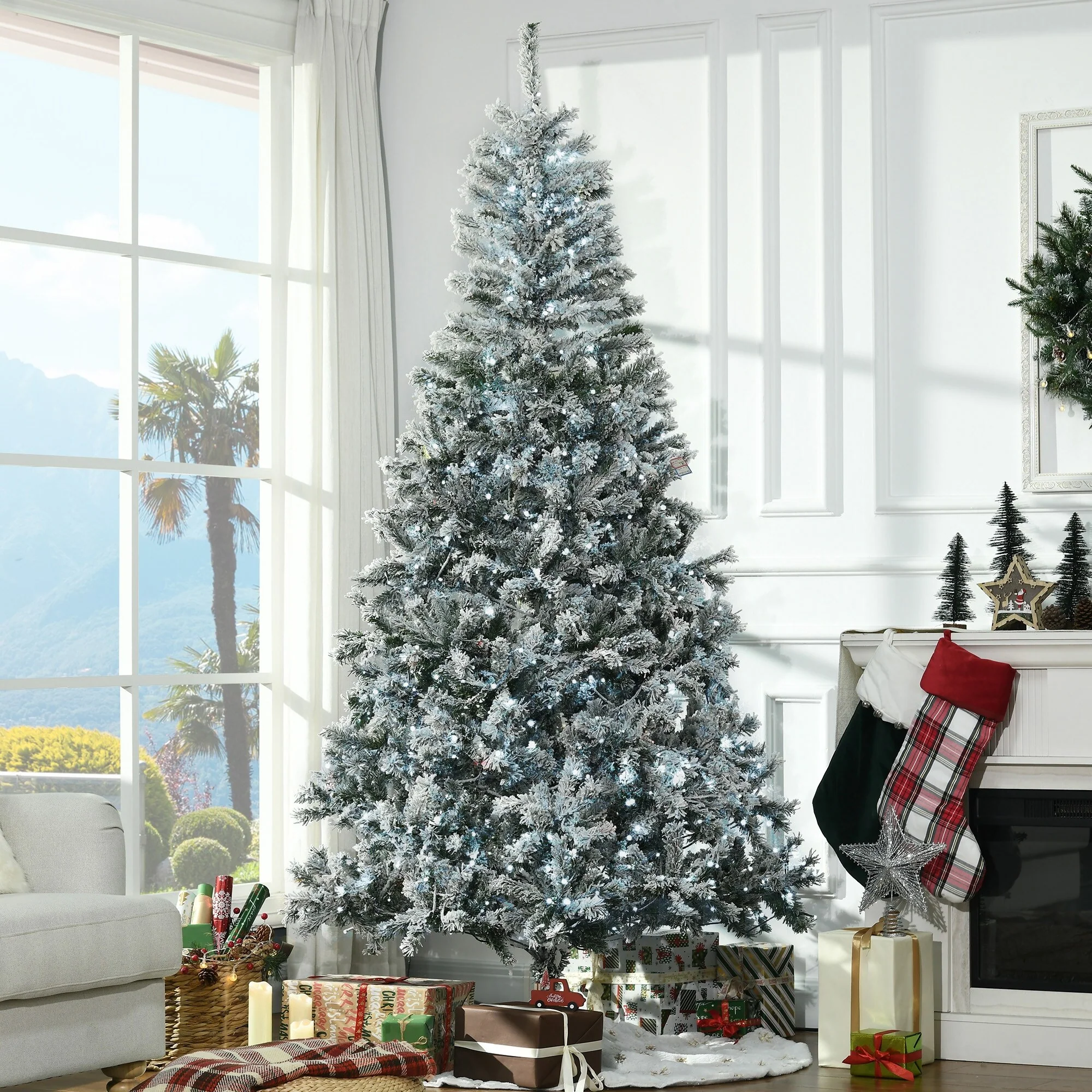 Prelit 7.5' Snow Flocked Artificial Christmas Tree with Cold White LED Lights and Flame-Retardant Design