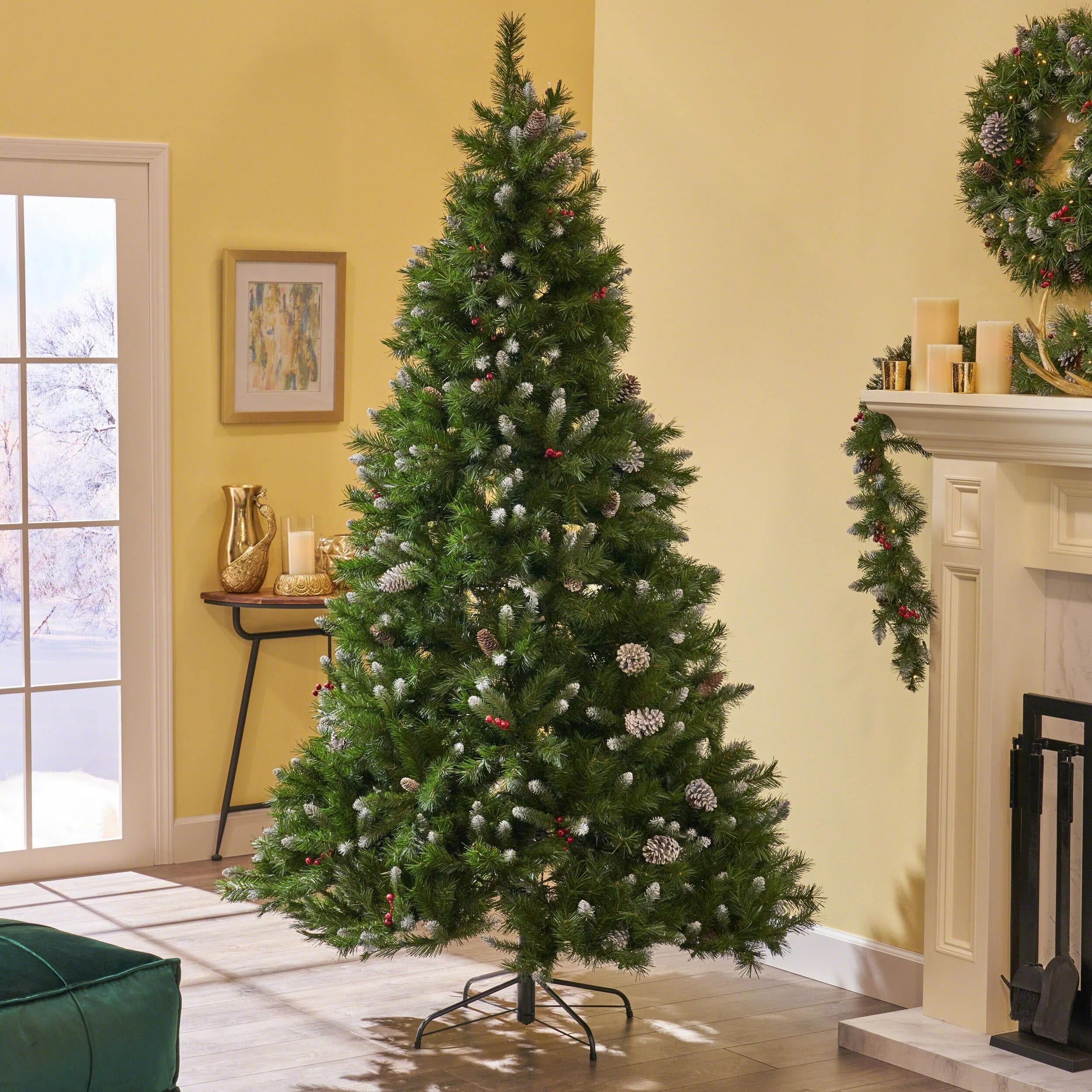 7' Mixed Frosted Hinged Tree with Pine Cones, Red Berries, 1219 Tips, Unlit, Durable Iron Stand, Easy Setup, 53