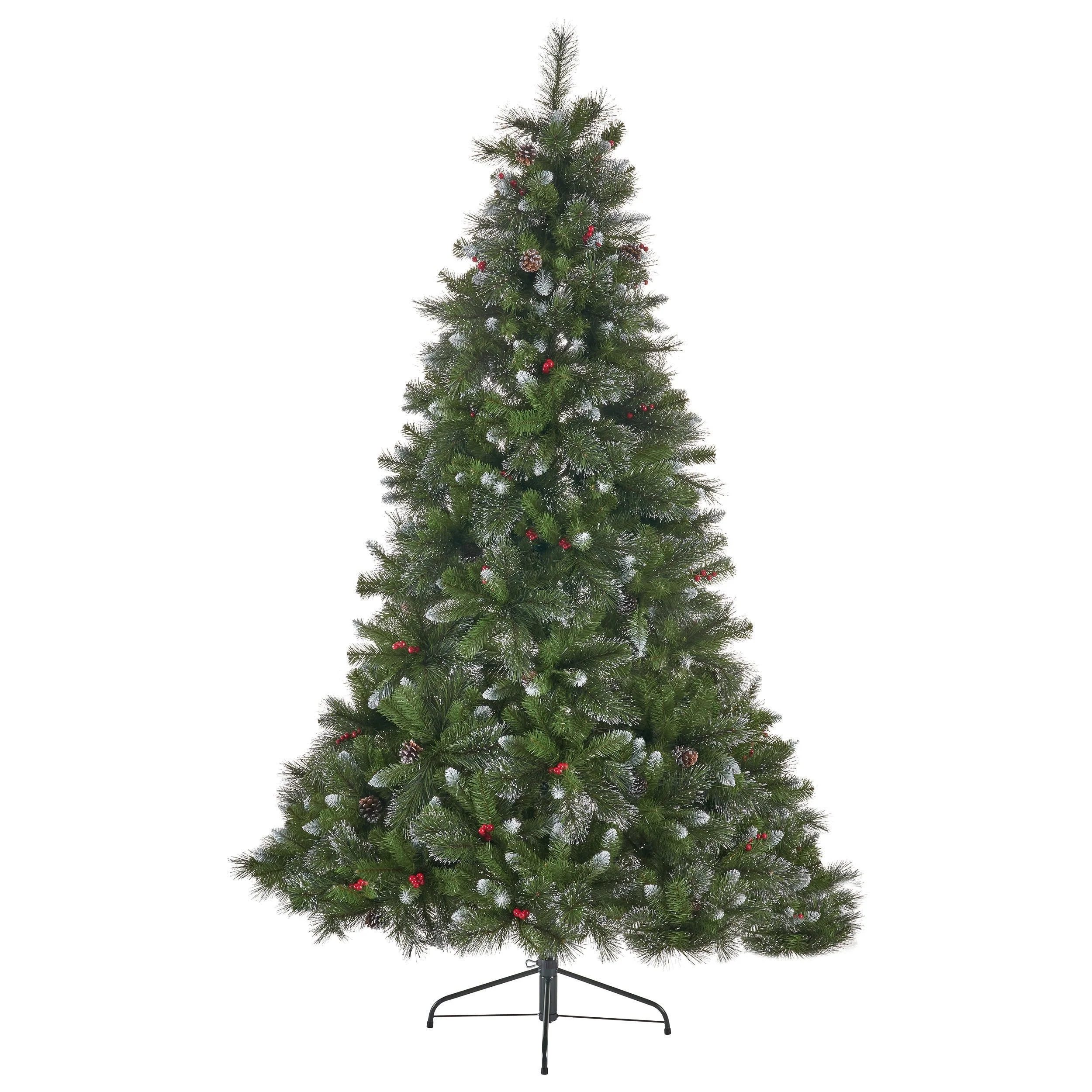 9ft Hinged Christmas Tree with 72 Red Berries, 73 Pine Cones, and 2099 Tips, Xmas Tree for Home Holiday Festival Decorating