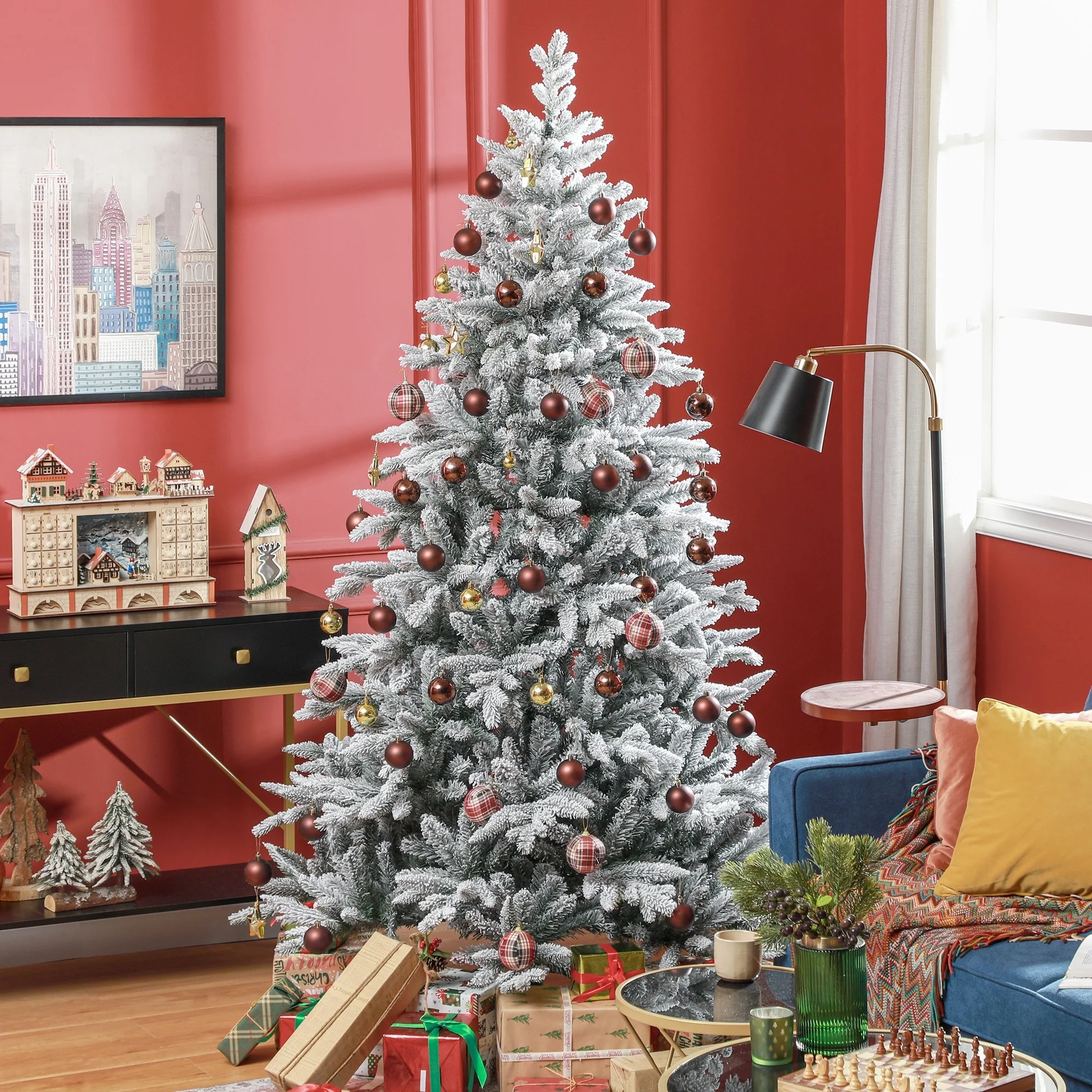 Snow Flocked 7ft/8ft Artificial Christmas Tree, Realistic Hinged Xmas Tree with 1401/2003 Tips & Metal Stand
