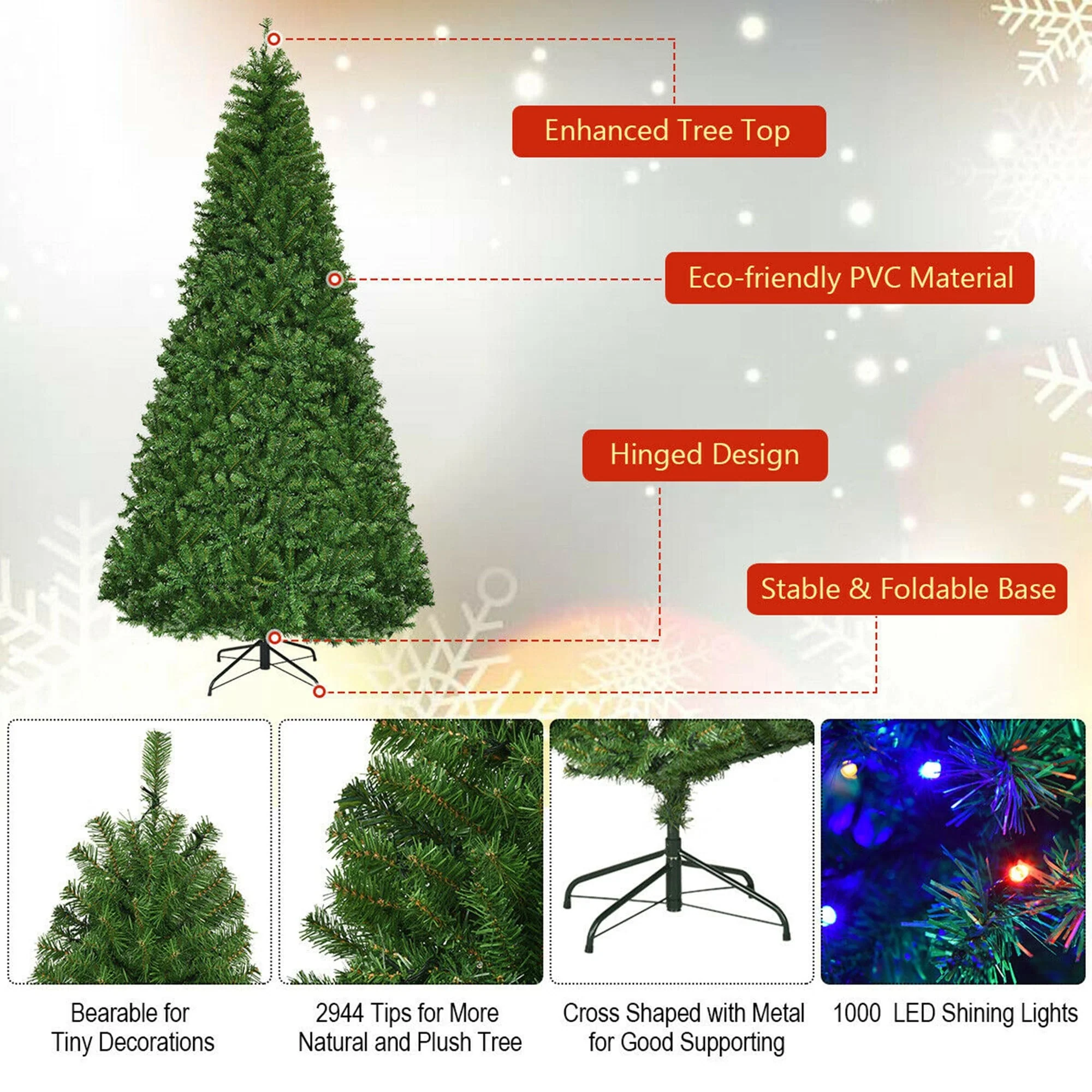 Gymax 5-9FT Pre-Lit Christmas Tree Hinged Artificial Tree w/ Metal