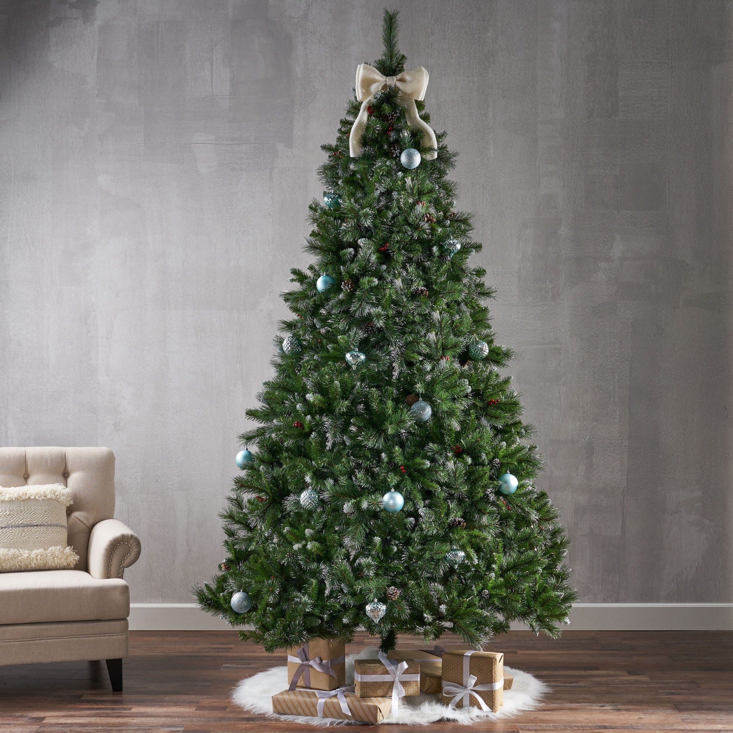 9FT Unlit Glitter Bristle Christmas Tree with 2099 Tips for Holiday Decoration