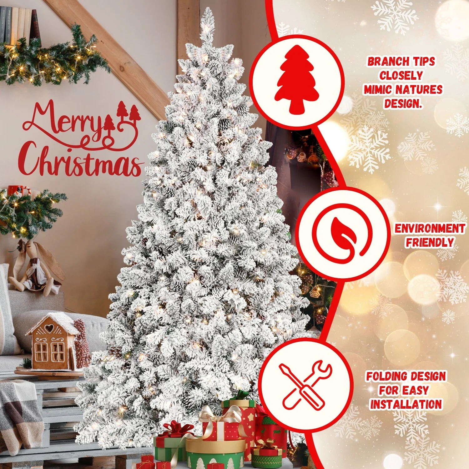 6FT Pre-lit Snow-Flocked Christmas Tree with Metal Base and Pine Cones