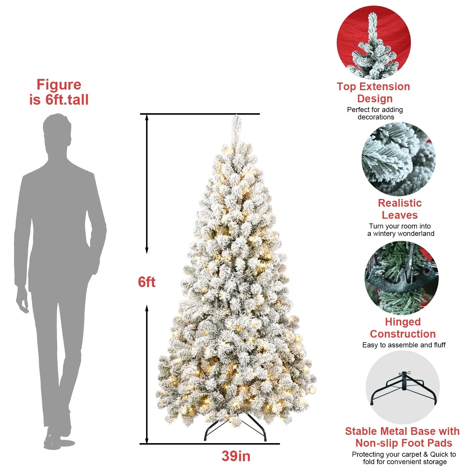 Snow-Flocked Pre-Lit Christmas Tree with Memory Wire Tips and 300-400 Warm Lights, Easy Setup for Indoor Holiday Display