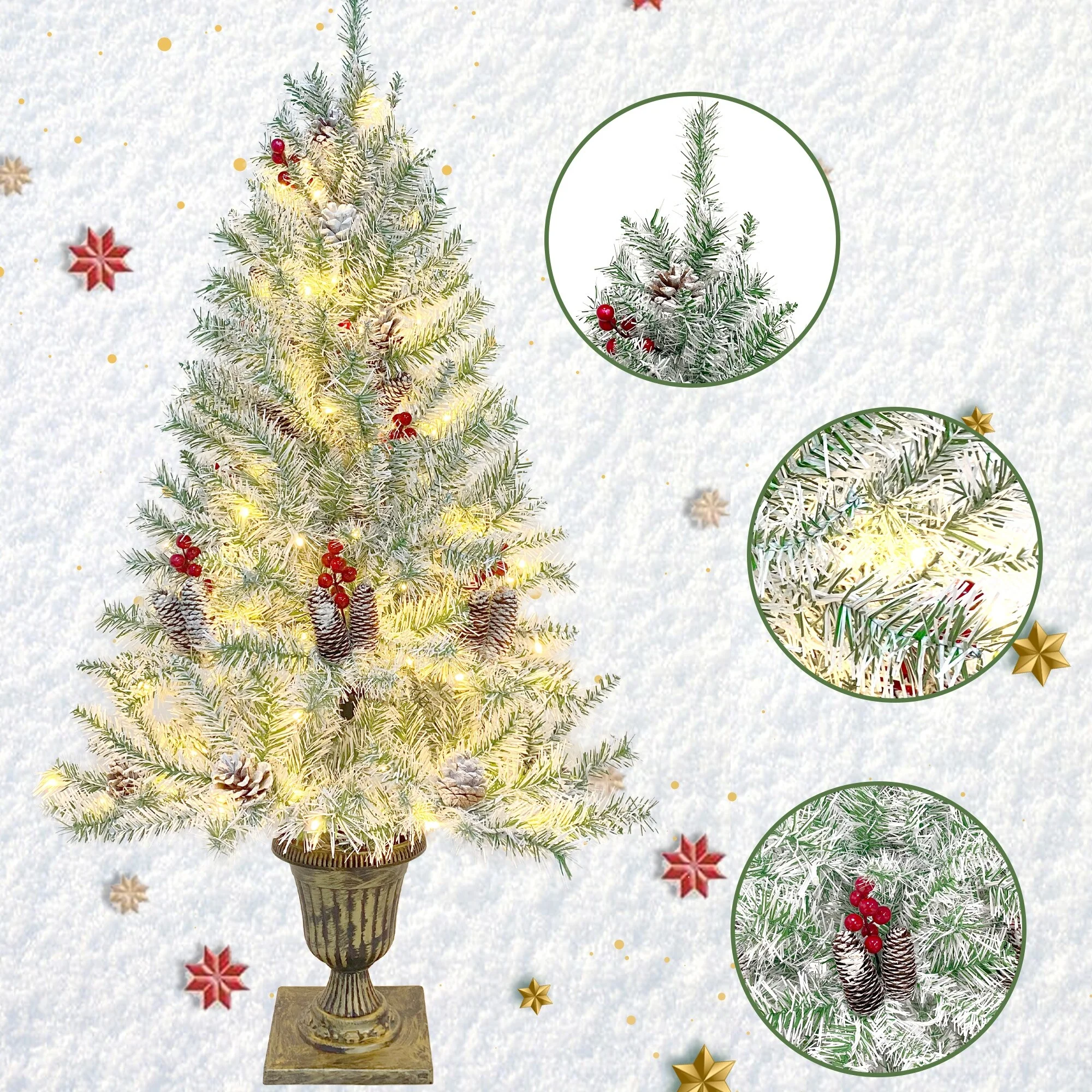 Pre-Lit 4-Piece Holiday Christmas Set - Entrance Trees, Garland, and Wreath with 340 Warm LEDs