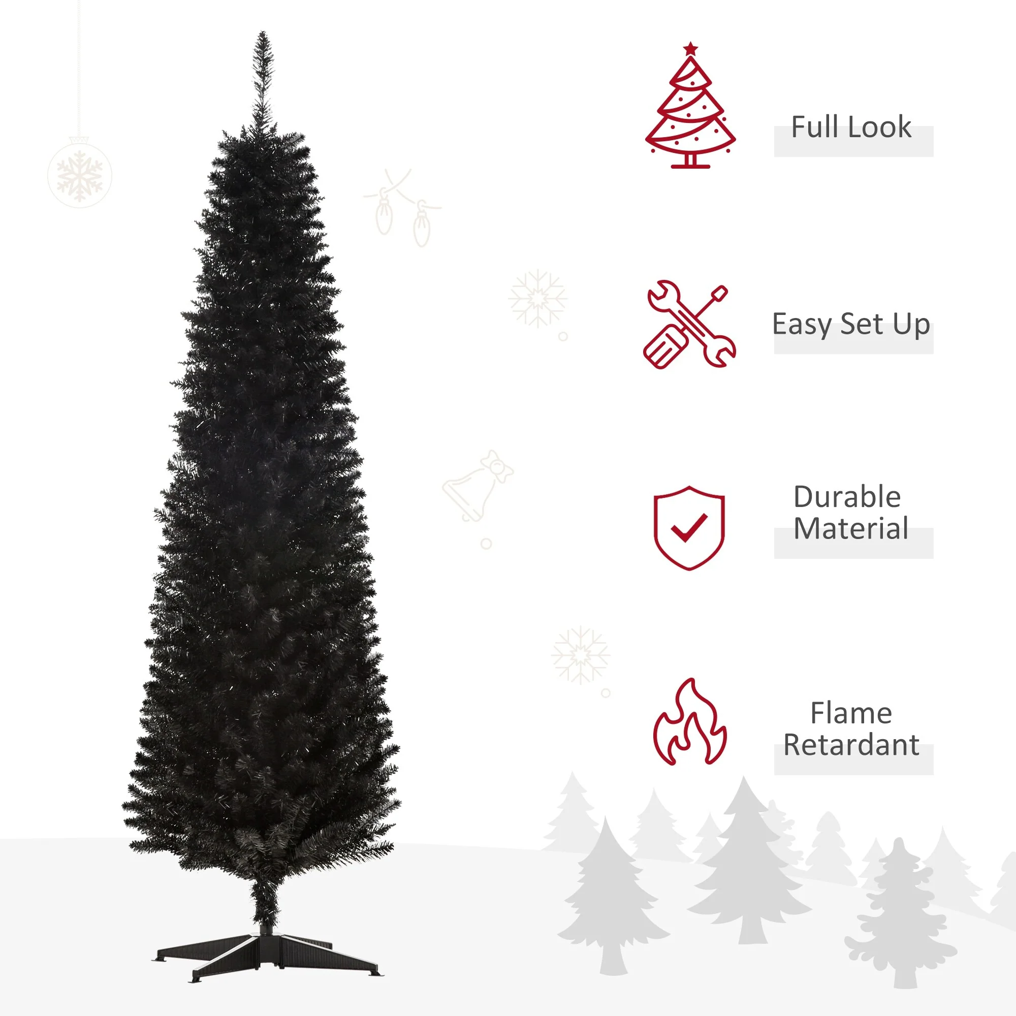 Black Artificial Pencil Christmas Tree, Slim with Realistic Branch Tips, Easy Assembly, 5-7FT