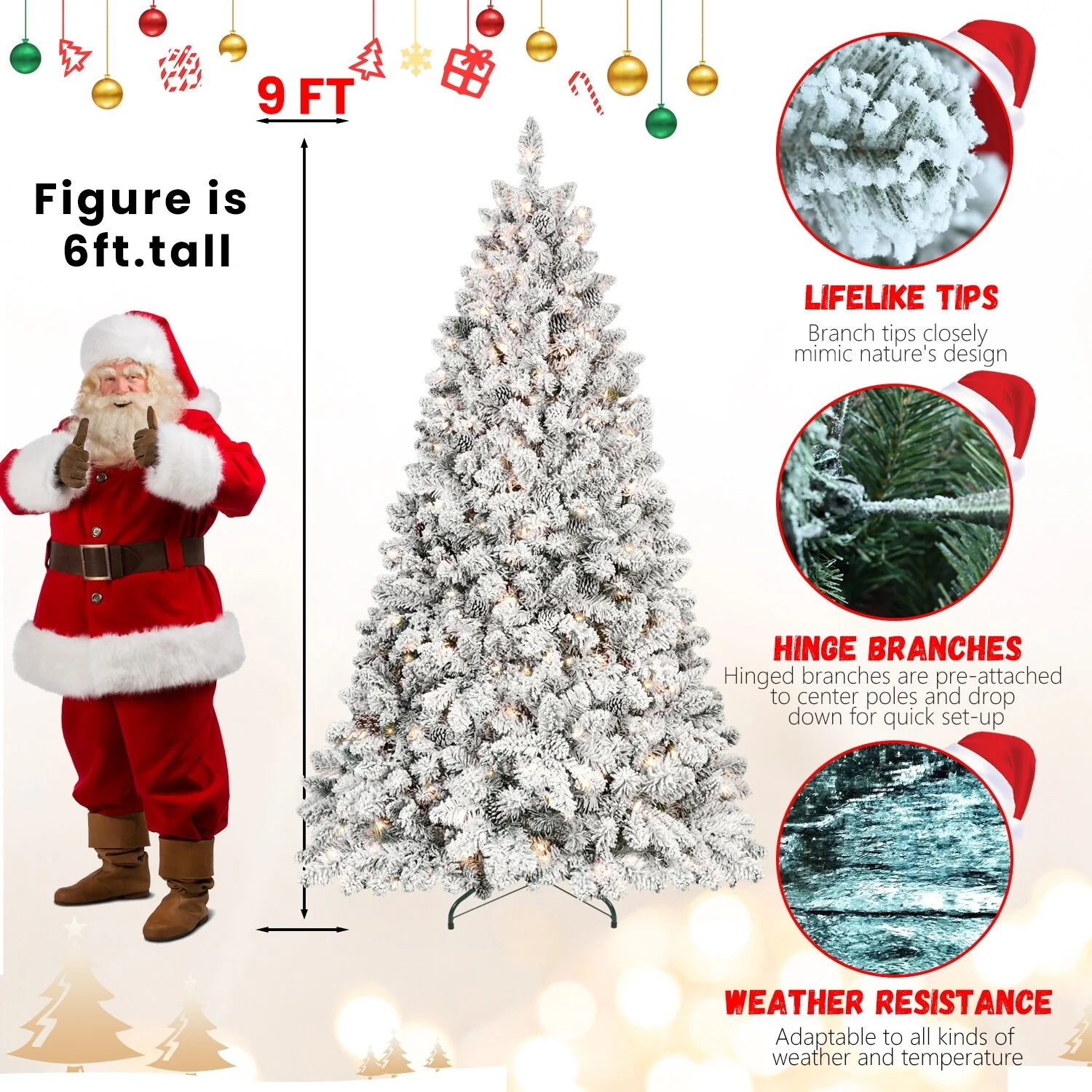 Snow-Flocked Christmas Tree with Pine Cones, Hinged Branches, Prelit, Metal Stand - 6ft to 9ft Sizes