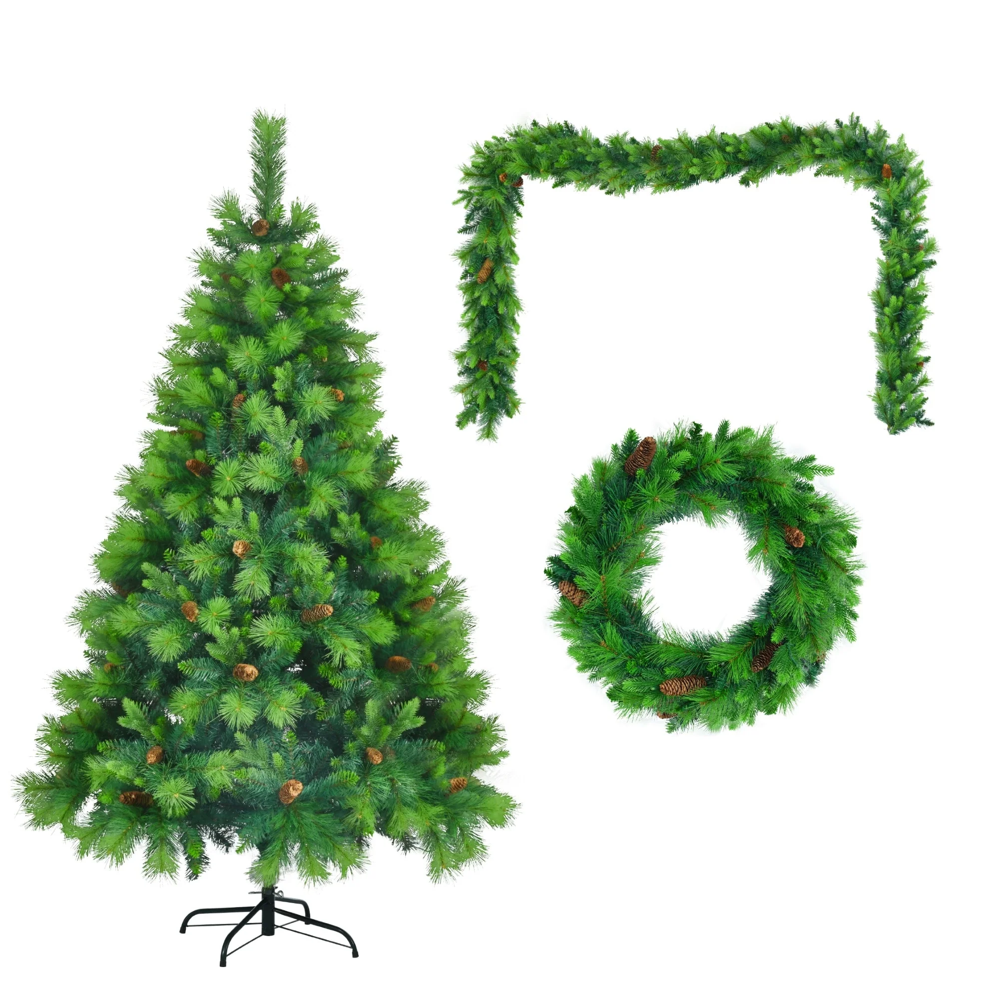 6FT Artificial Grass Green Christmas Tree Set, Pre-Lit with 430 LED Lights, Pine Cones, Wreath & Garland, Ideal for Home