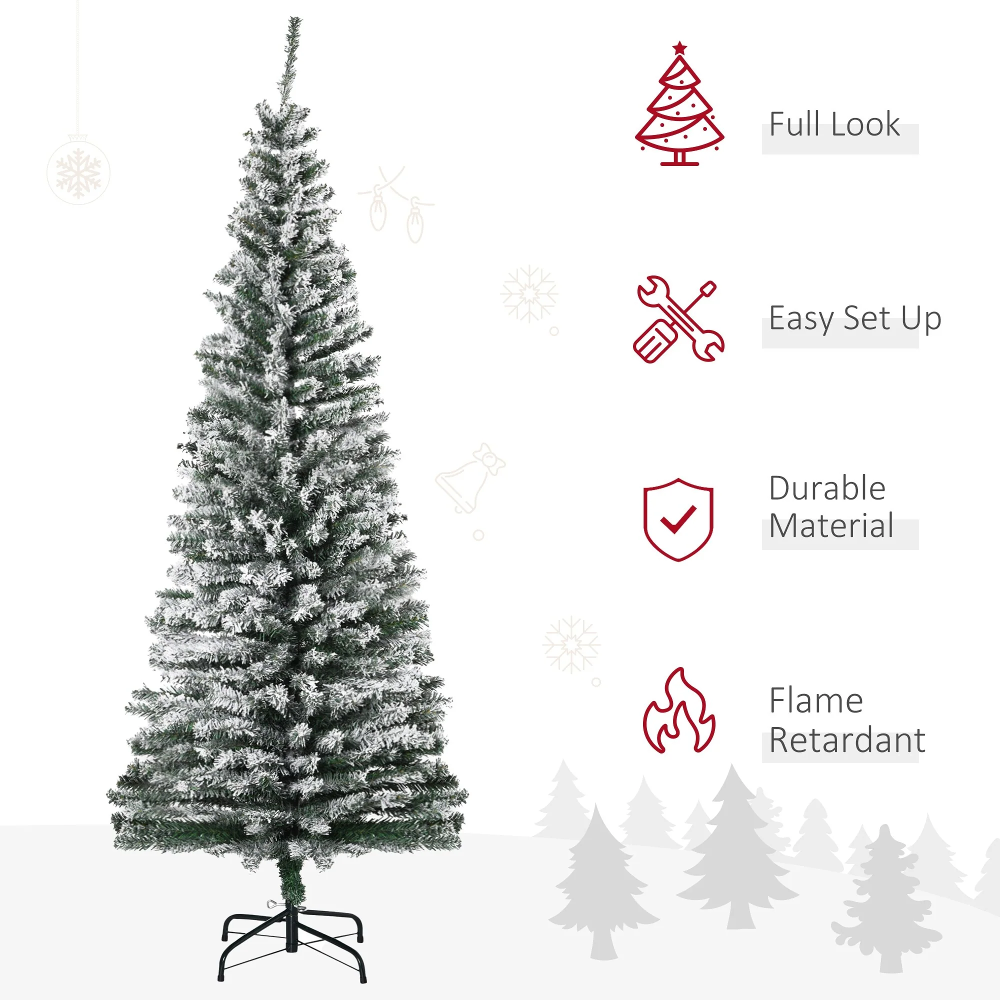 6' Tall Snow-Flocked Slim Artificial Christmas Tree with Realistic Branch Tips and Sturdy Metal Base